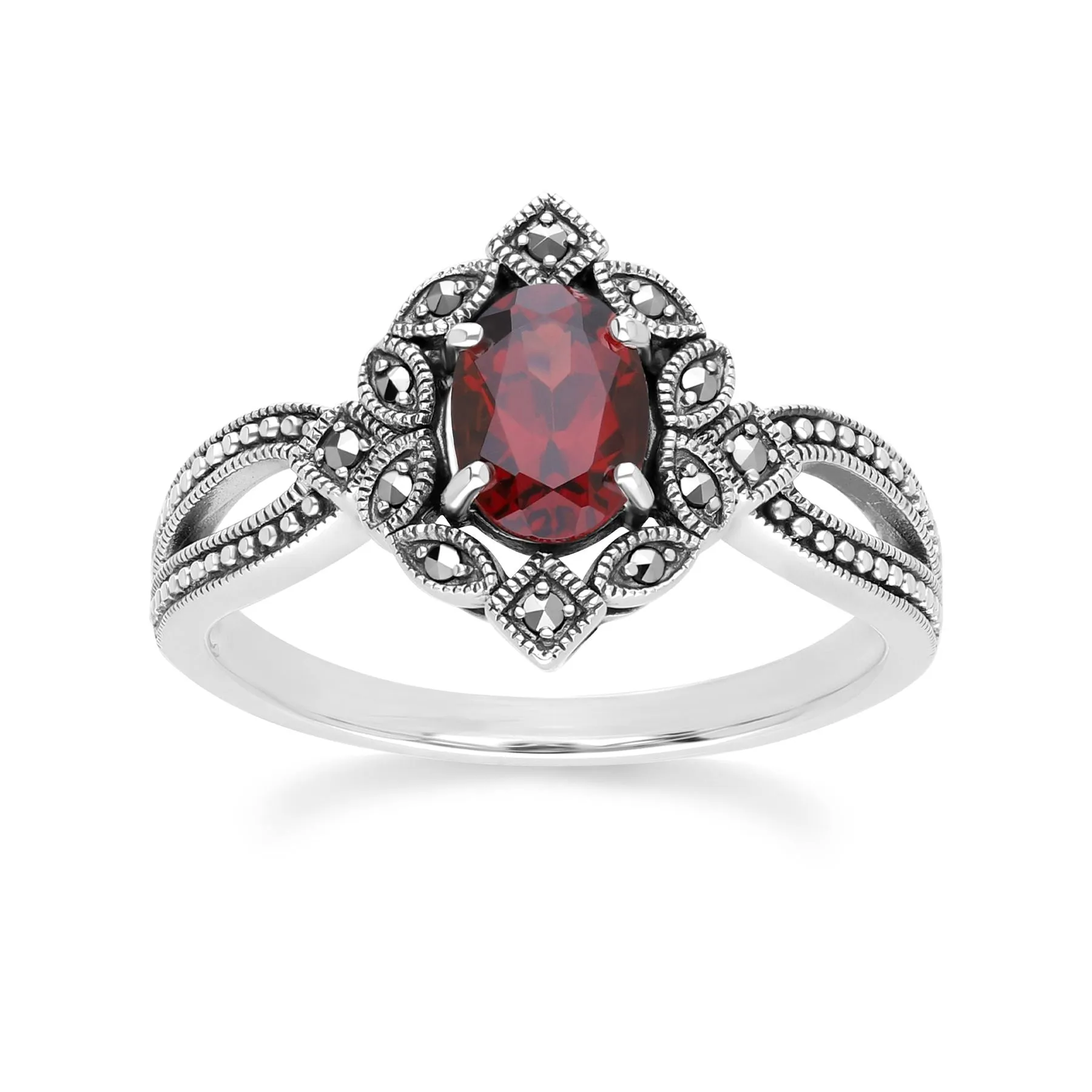 Art Deco Style Oval Garnet & Marcasite Ring in Sterling Silver sold by Gemondo Jewellery