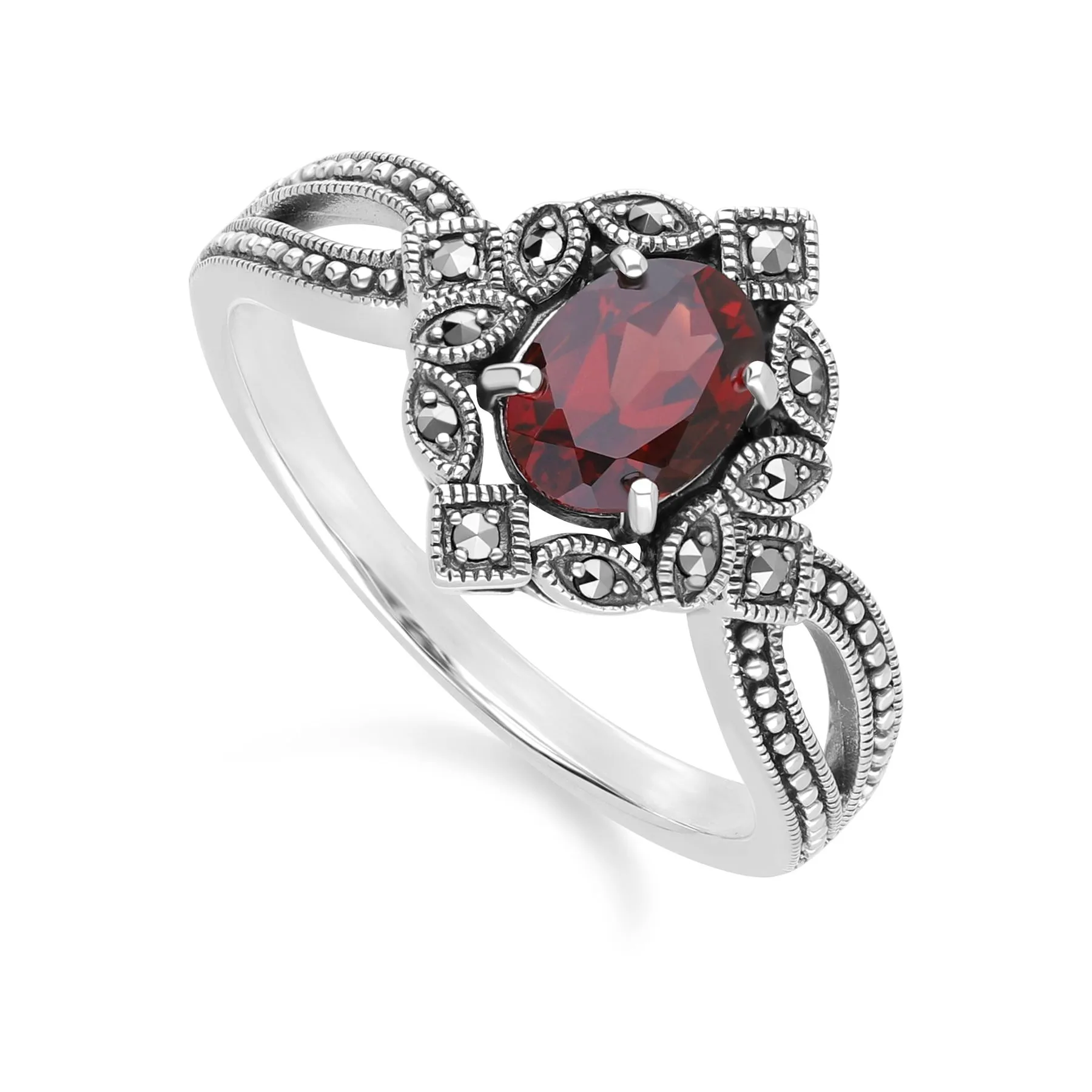 Art Deco Style Oval Garnet & Marcasite Ring in Sterling Silver sold by Gemondo Jewellery product image thumbnail 3