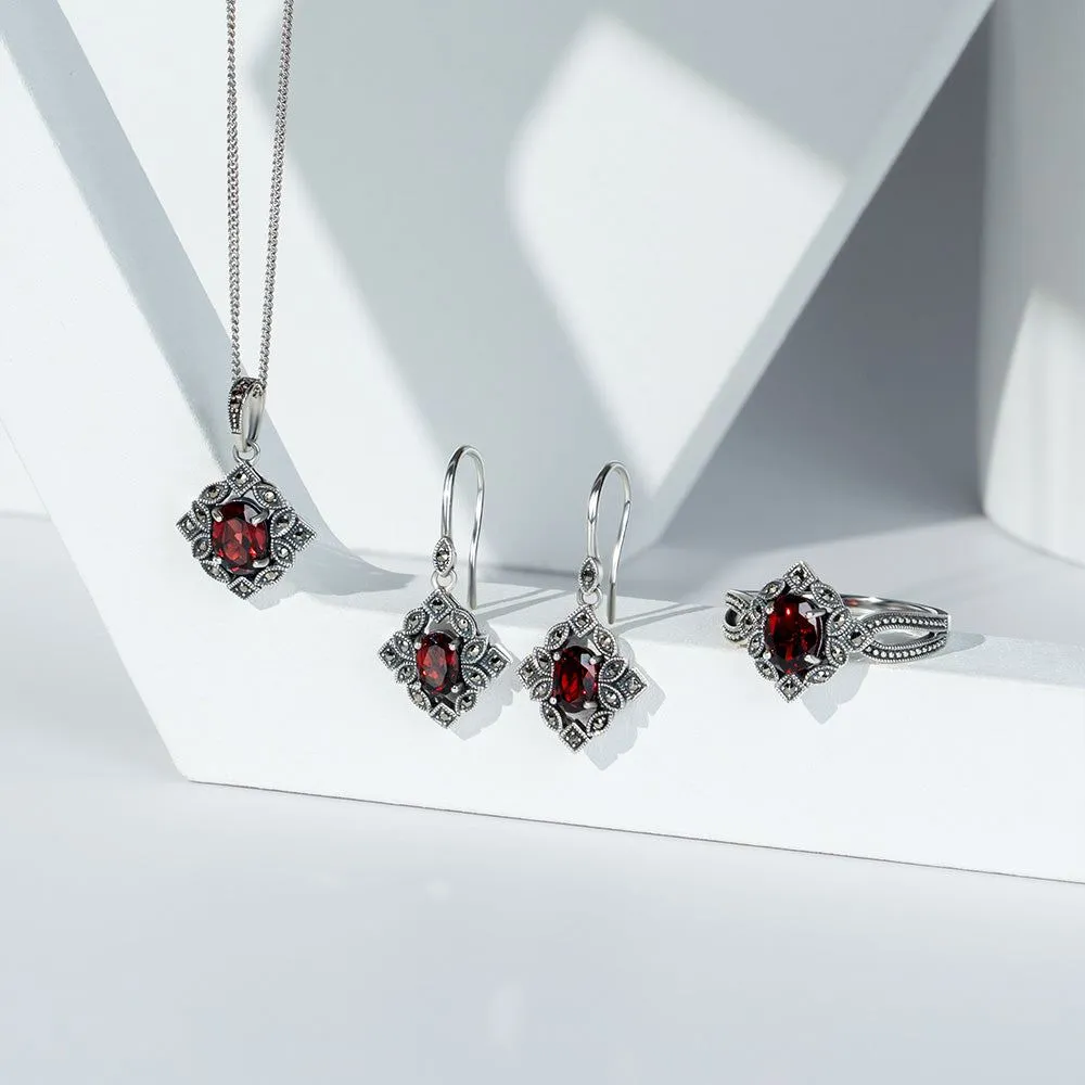 Art Deco Style Oval Garnet & Marcasite Ring in Sterling Silver sold by Gemondo Jewellery product image thumbnail 5