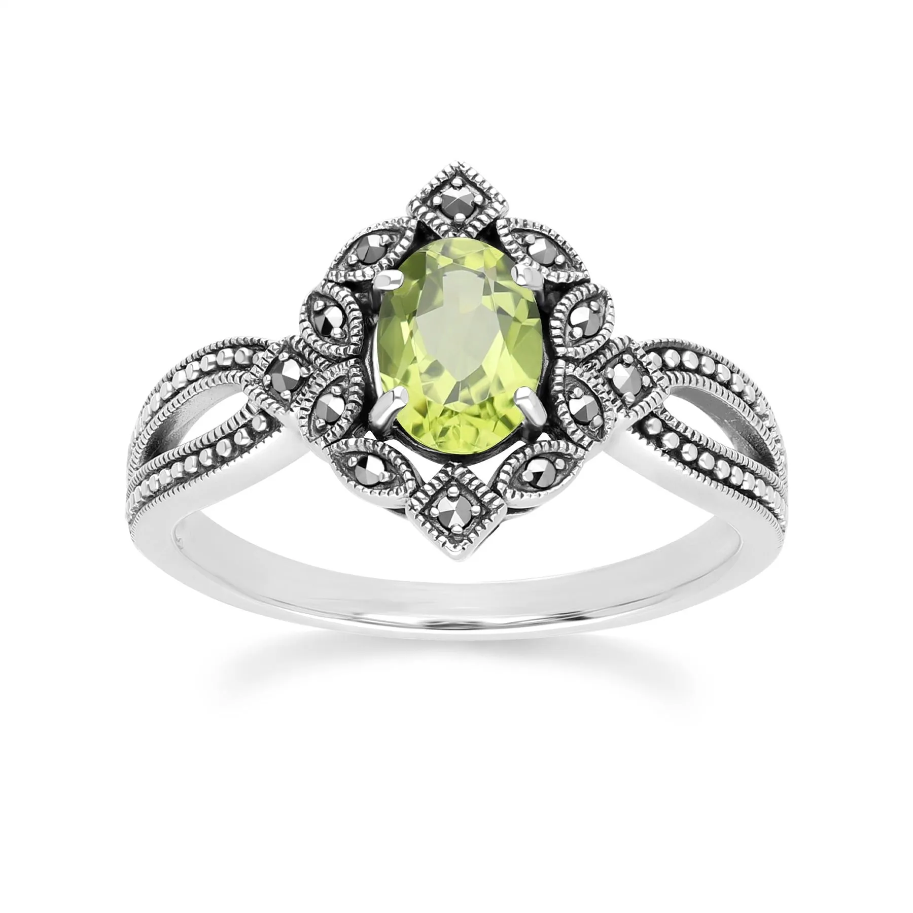 Art Deco Style Oval Peridot & Marcasite Ring in Sterling Silver sold by Gemondo Jewellery