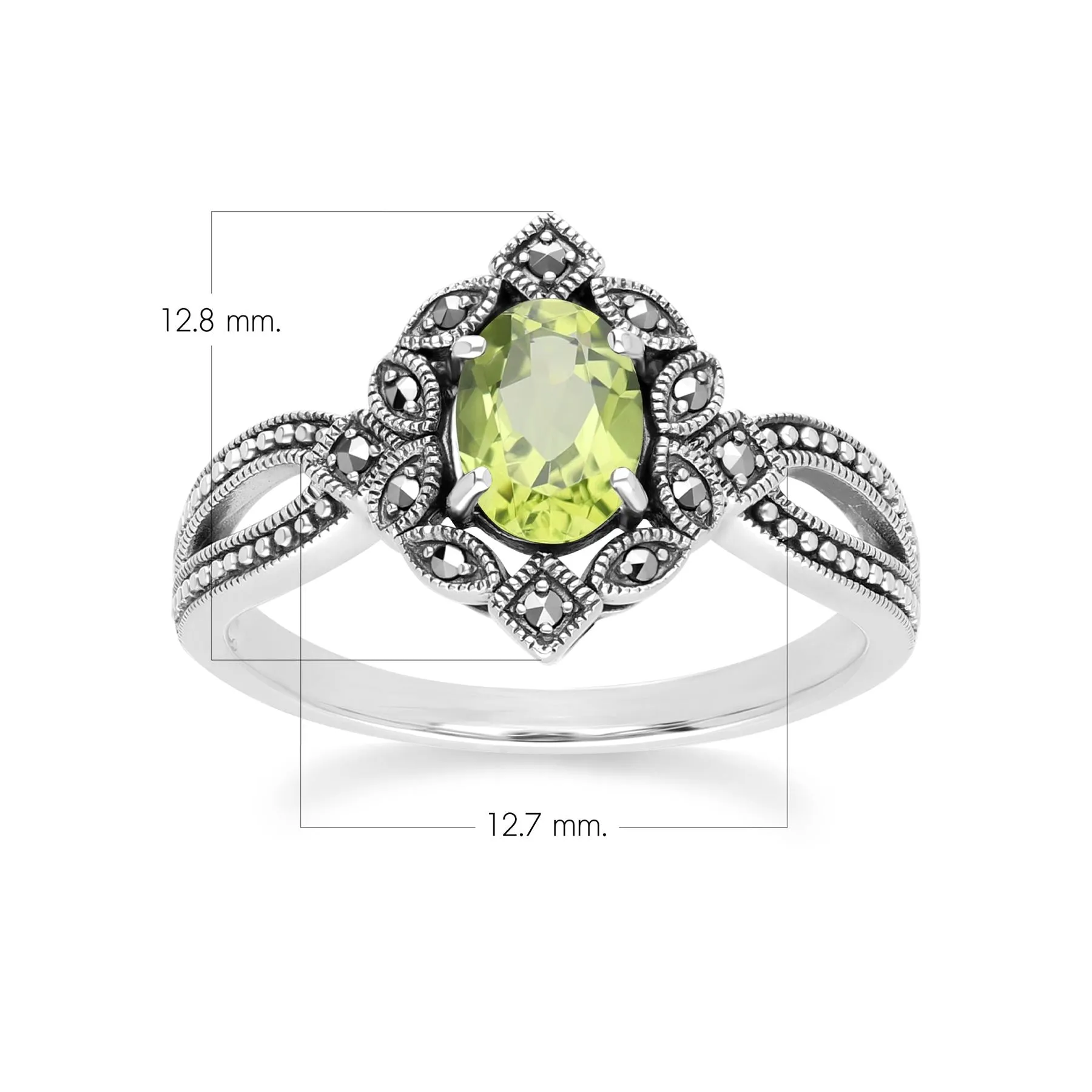 Art Deco Style Oval Peridot & Marcasite Ring in Sterling Silver sold by Gemondo Jewellery product image thumbnail 4