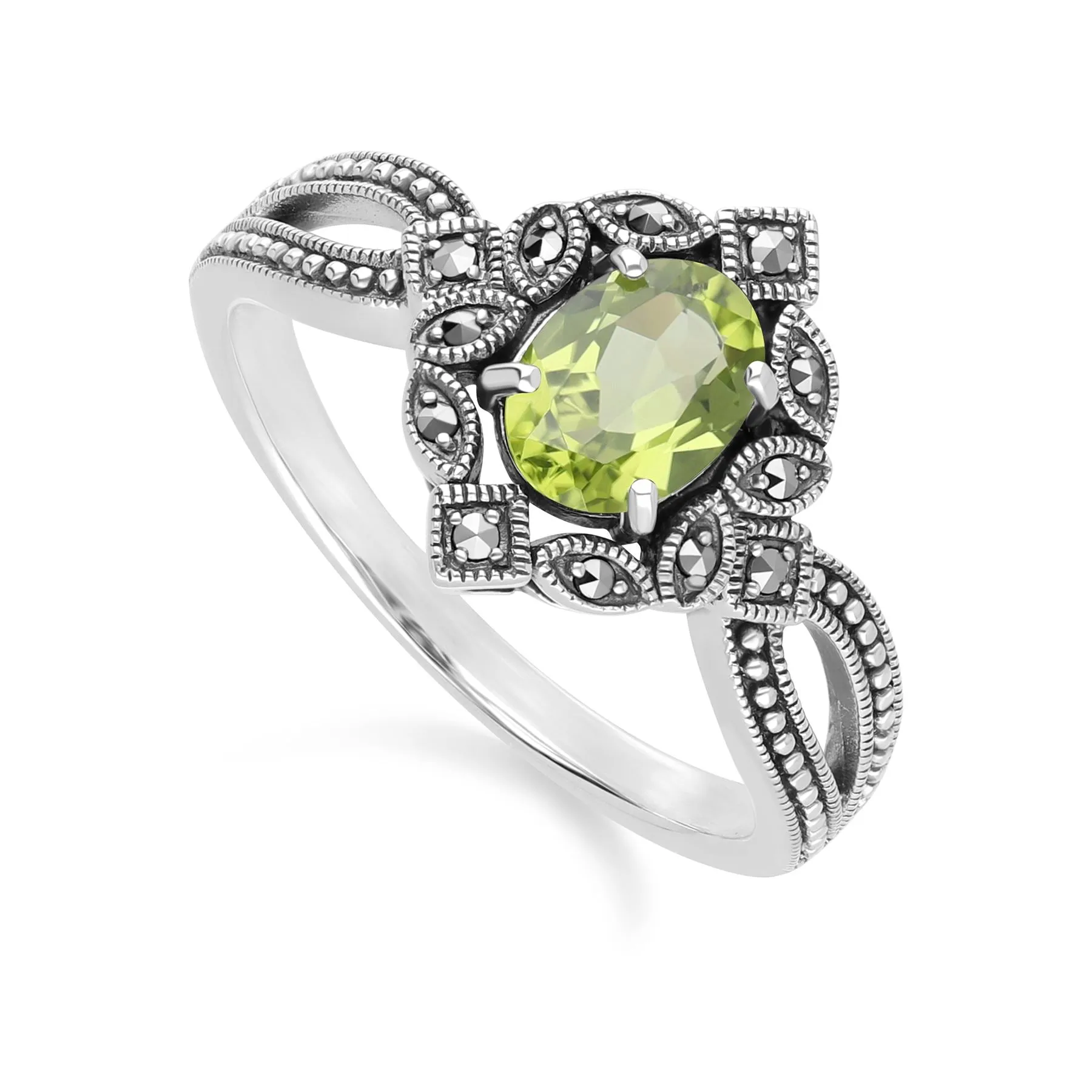 Art Deco Style Oval Peridot & Marcasite Ring in Sterling Silver sold by Gemondo Jewellery product image thumbnail 3