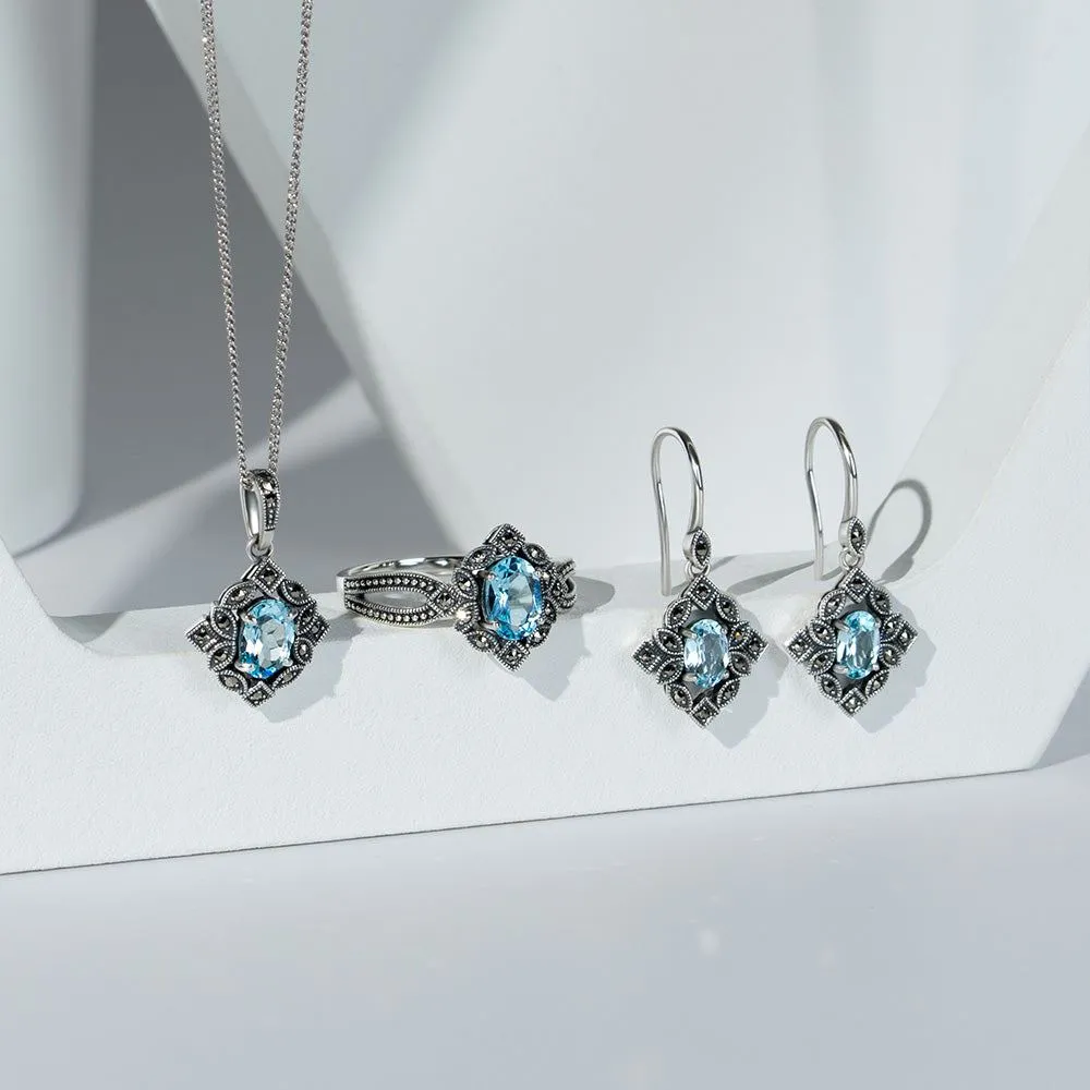 Art Deco Style Oval Blue Topaz & Marcasite Ring in Sterling Silver sold by Gemondo Jewellery product image thumbnail 5