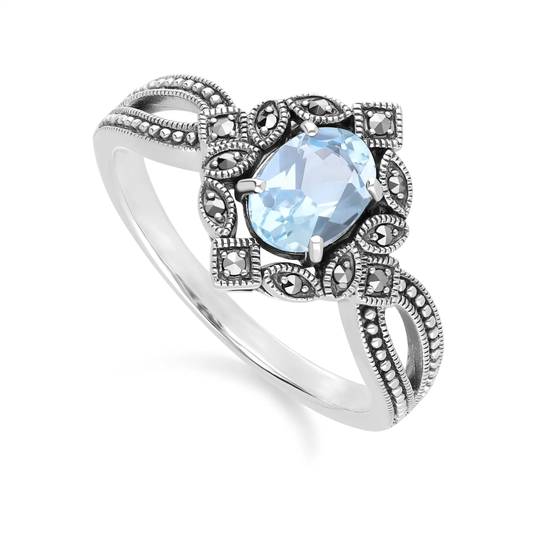 Art Deco Style Oval Blue Topaz & Marcasite Ring in Sterling Silver sold by Gemondo Jewellery product image thumbnail 3
