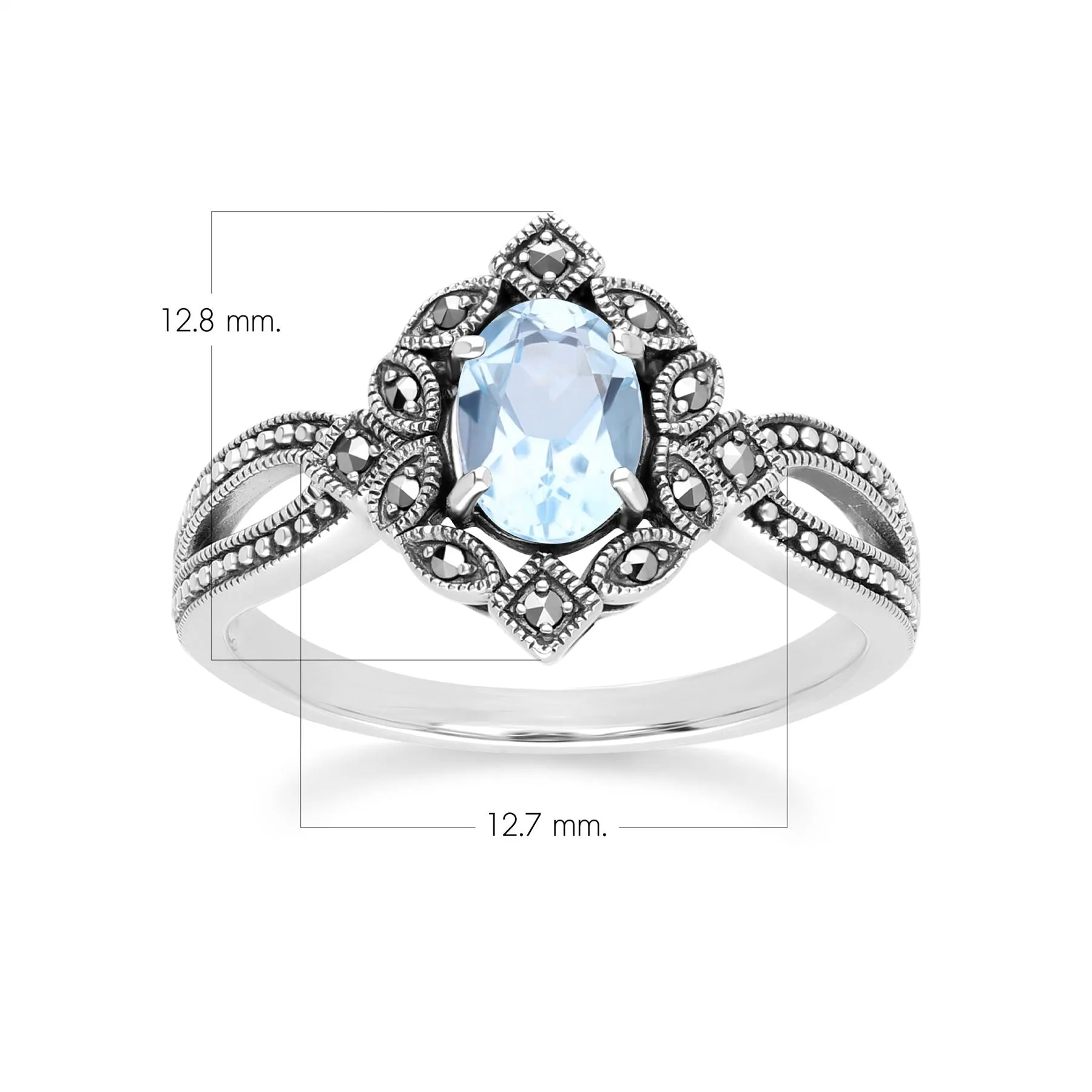 Art Deco Style Oval Blue Topaz & Marcasite Ring in Sterling Silver sold by Gemondo Jewellery product image thumbnail 4