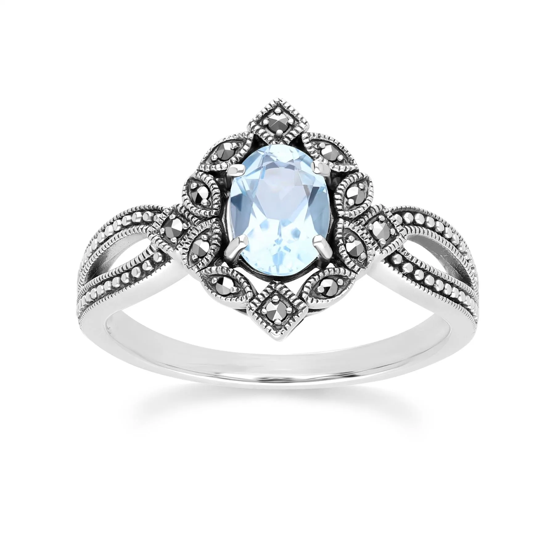 Art Deco Style Oval Blue Topaz & Marcasite Ring in Sterling Silver sold by Gemondo Jewellery