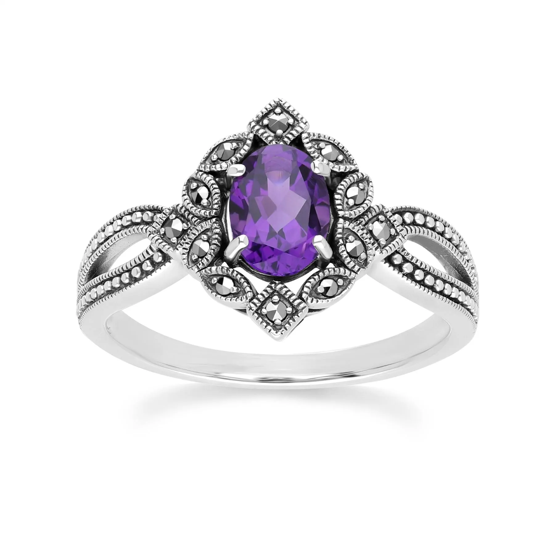 Art Deco Style Oval Amethyst & Marcasite Ring in Sterling Silver sold by Gemondo Jewellery