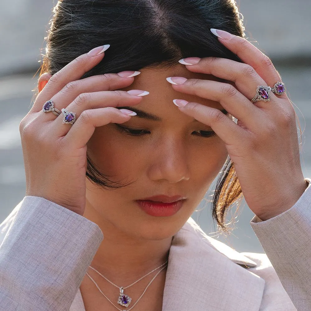 Art Deco Style Oval Amethyst & Marcasite Ring in Sterling Silver sold by Gemondo Jewellery product image thumbnail 2