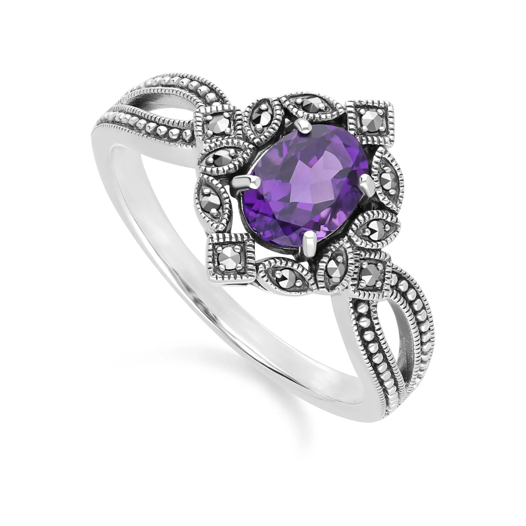 Art Deco Style Oval Amethyst & Marcasite Ring in Sterling Silver sold by Gemondo Jewellery product image thumbnail 3