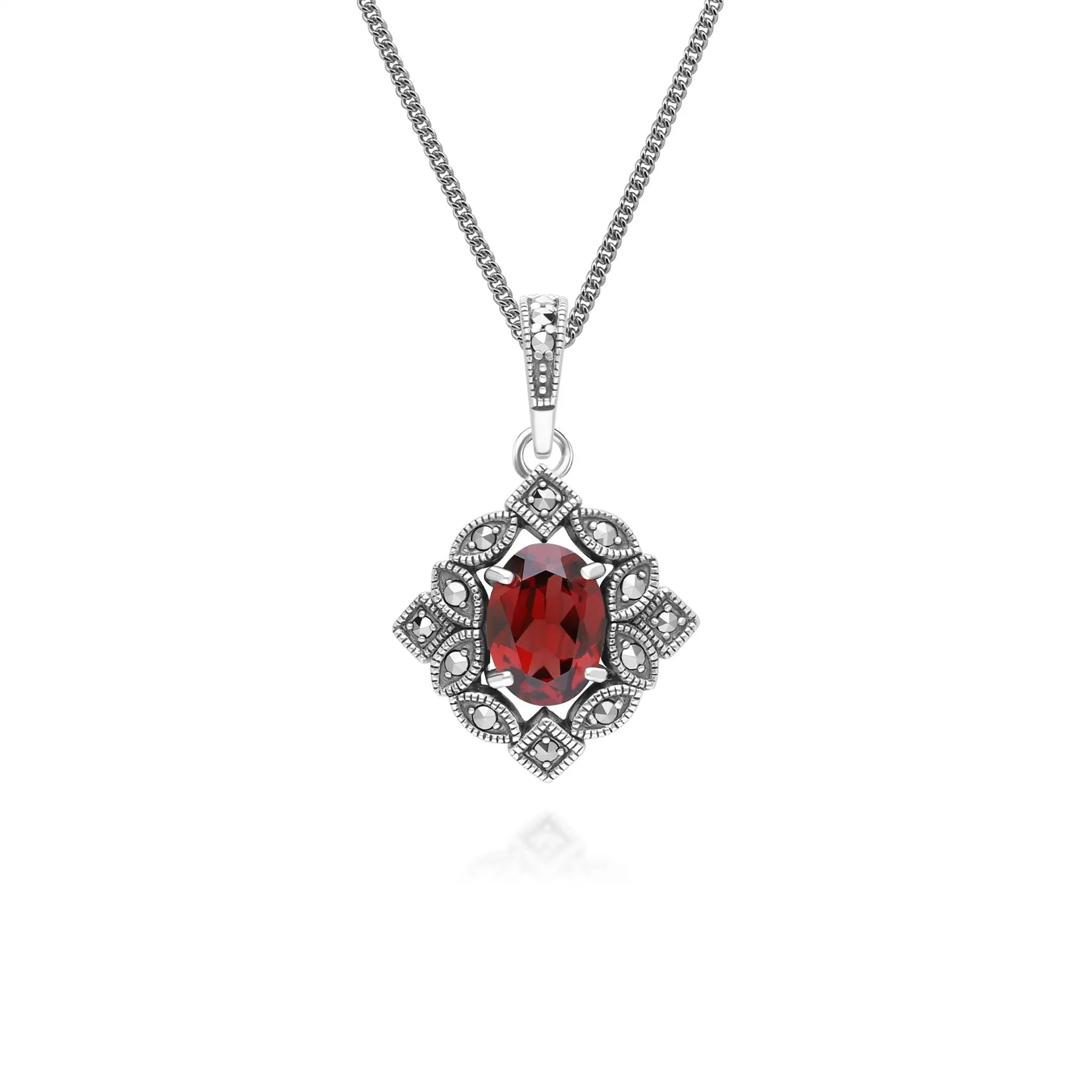 Art Deco Style Oval Garnet & Marcasite Pendant Necklace in Sterling Silver sold by Gemondo Jewellery