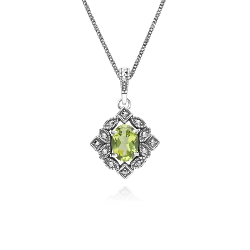 Art Deco Style Oval Peridot & Marcasite Pendant Necklace in Sterling Silver sold by Gemondo Jewellery