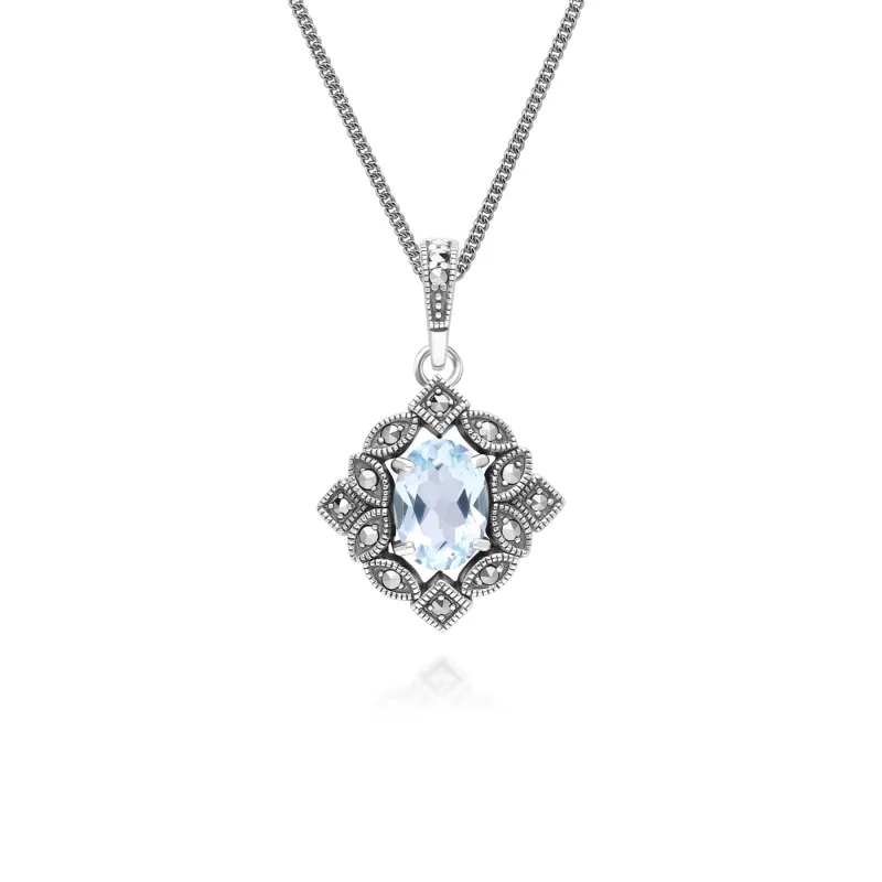 Art Deco Style Oval Blue Topaz & Marcasite Pendant Necklace in Sterling Silver sold by Gemondo Jewellery