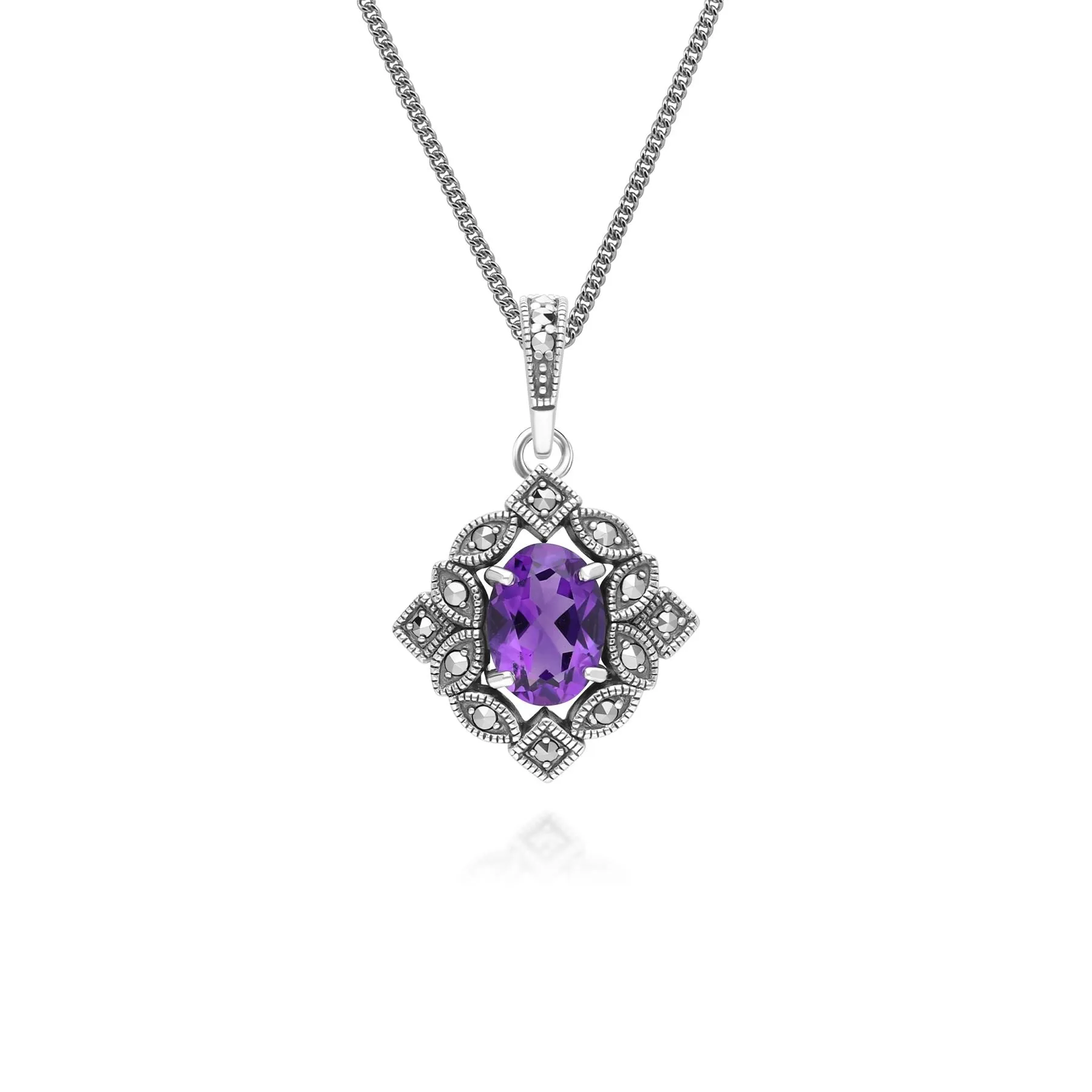 Art Deco Style Oval Amethyst & Marcasite Pendant Necklace in Sterling Silver sold by Gemondo Jewellery