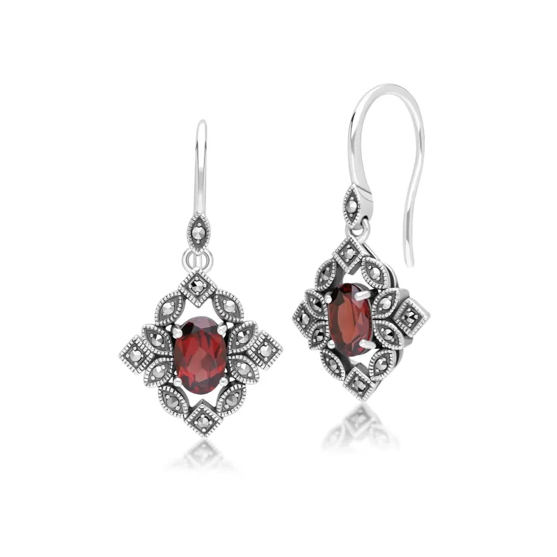 Art Deco Style Oval Garnet & Marcasite Drop Earrings in Sterling Silver sold by Gemondo Jewellery