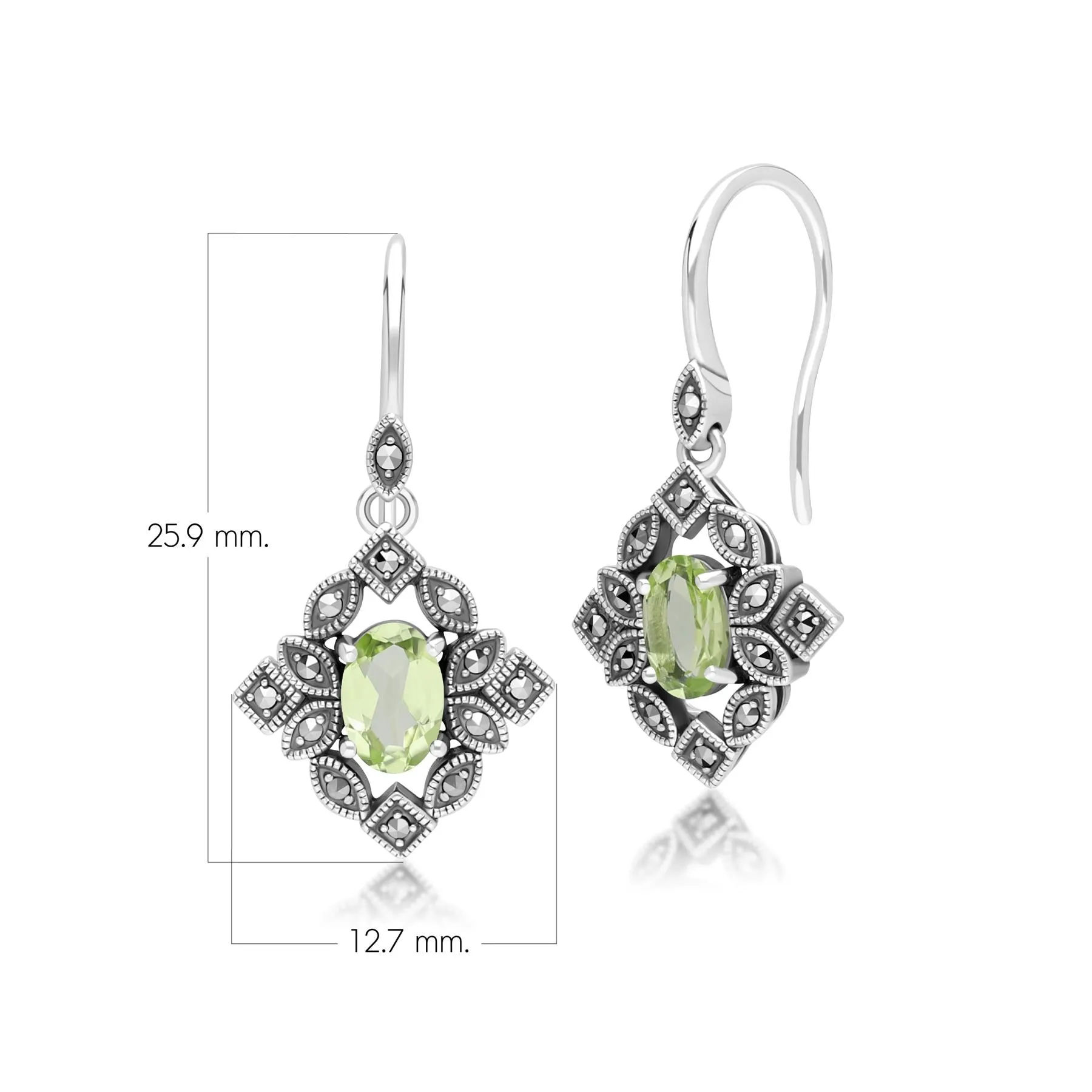 Art Deco Style Oval Peridot & Marcasite Drop Earrings in Sterling Silver sold by Gemondo Jewellery product image thumbnail 4