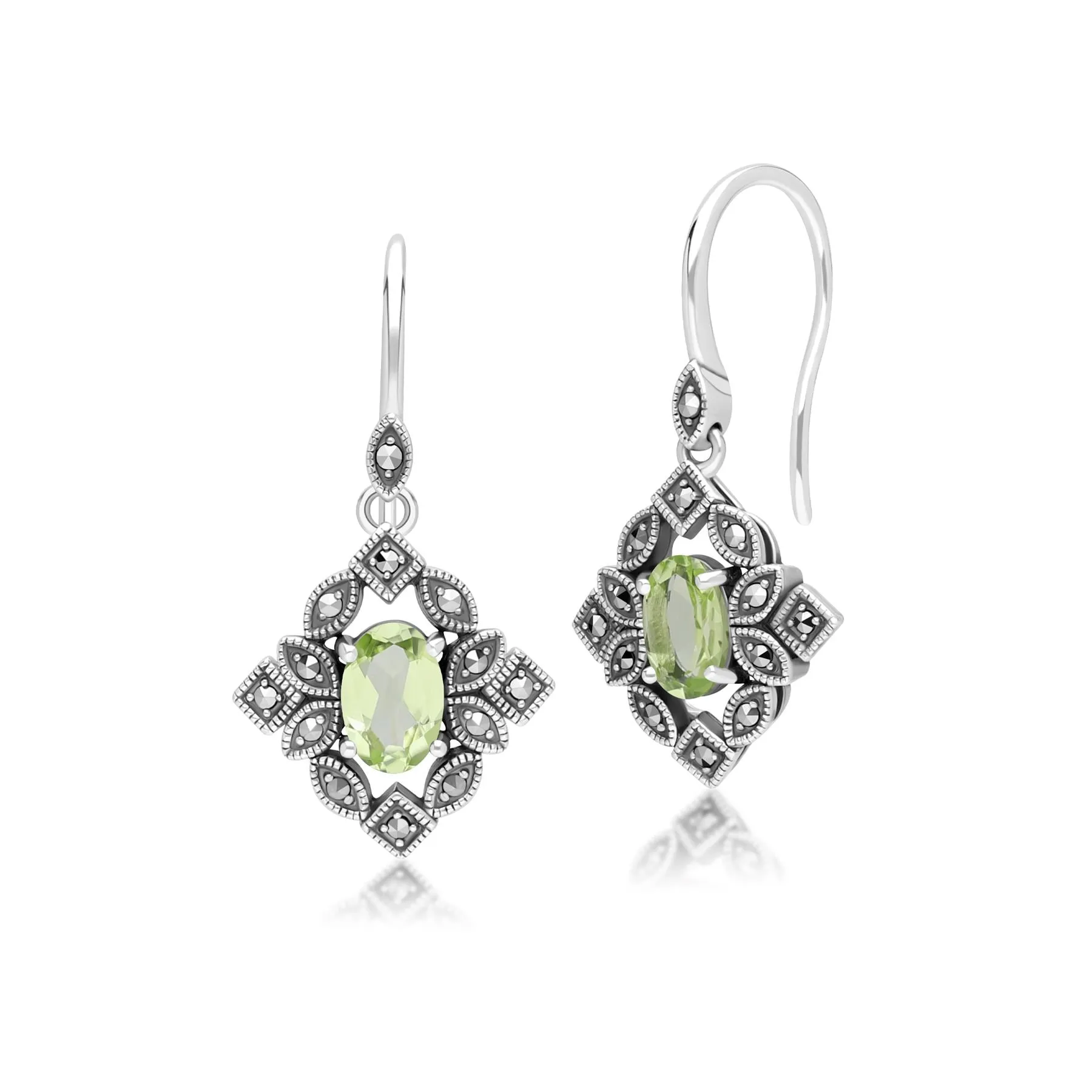Art Deco Style Oval Peridot & Marcasite Drop Earrings in Sterling Silver sold by Gemondo Jewellery