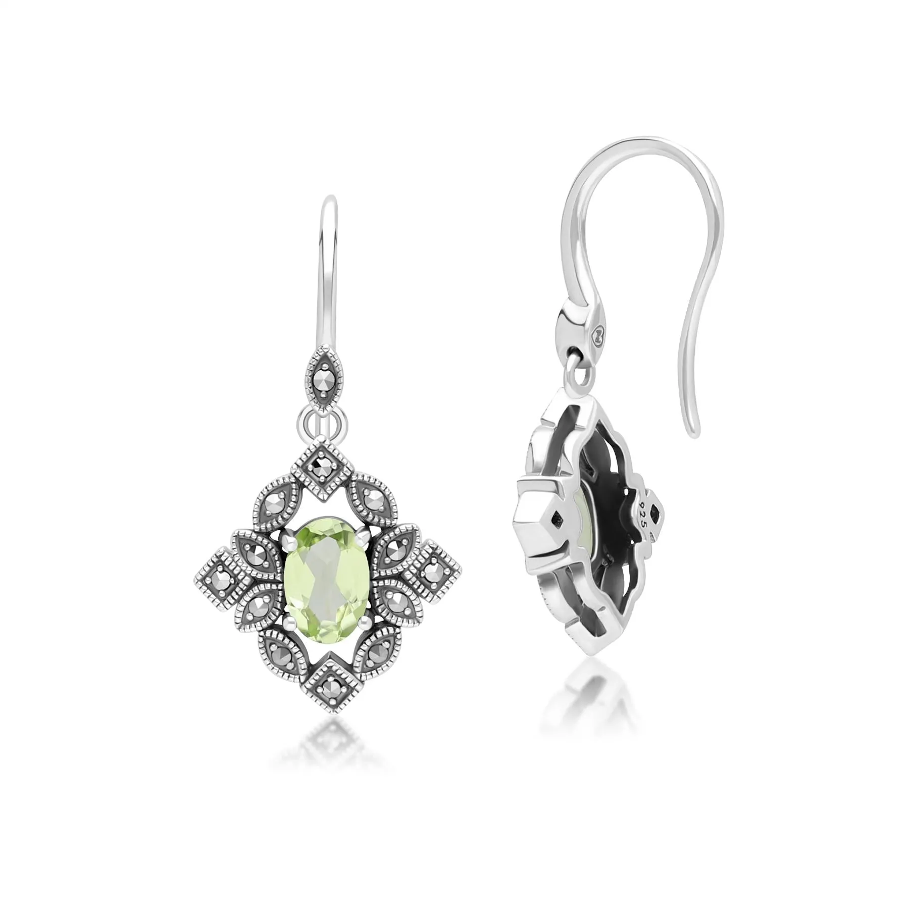 Art Deco Style Oval Peridot & Marcasite Drop Earrings in Sterling Silver sold by Gemondo Jewellery product image thumbnail 3