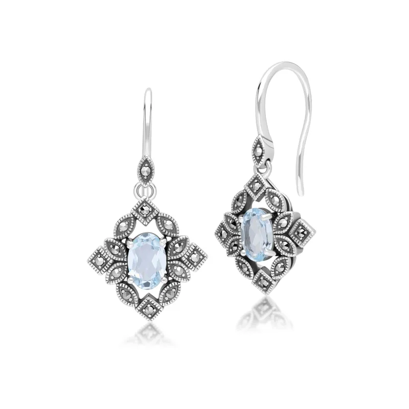 Art Deco Style Oval Blue Topaz & Marcasite Drop Earrings in Sterling Silver sold by Gemondo Jewellery