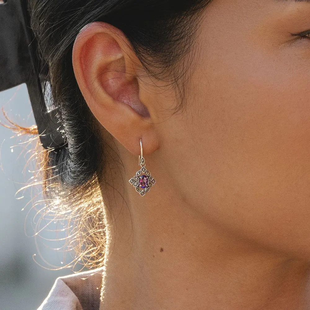 Art Deco Style Oval Amethyst & Marcasite Drop Earrings in Sterling Silver sold by Gemondo Jewellery product image thumbnail 2