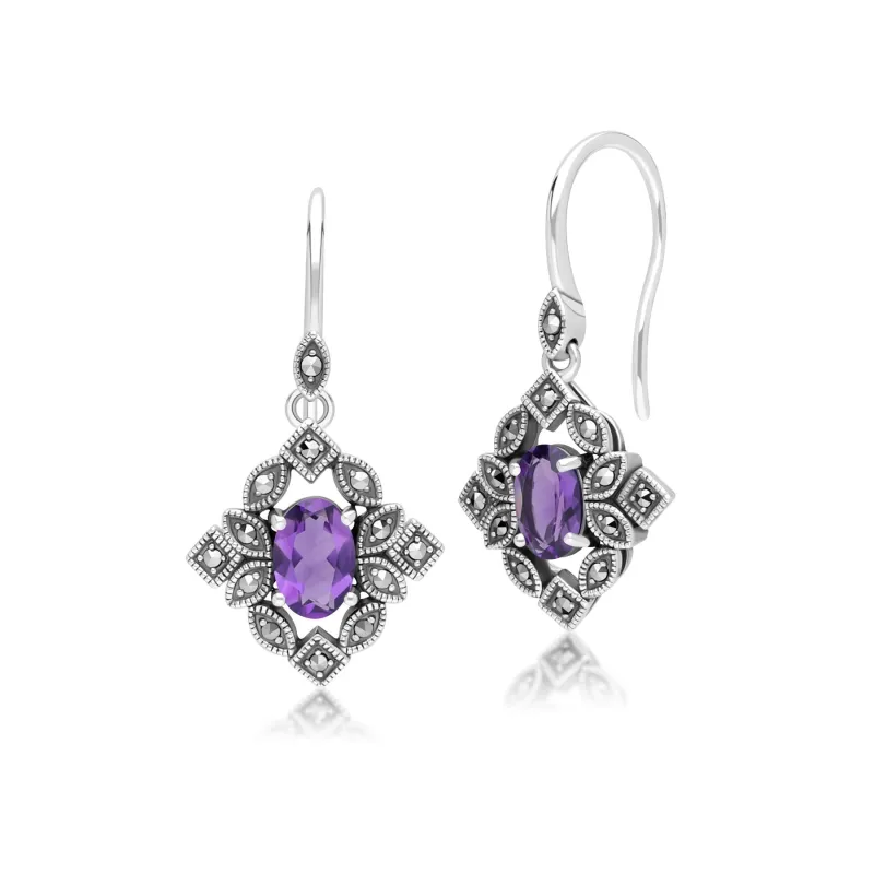 Art Deco Style Oval Amethyst & Marcasite Drop Earrings in Sterling Silver sold by Gemondo Jewellery