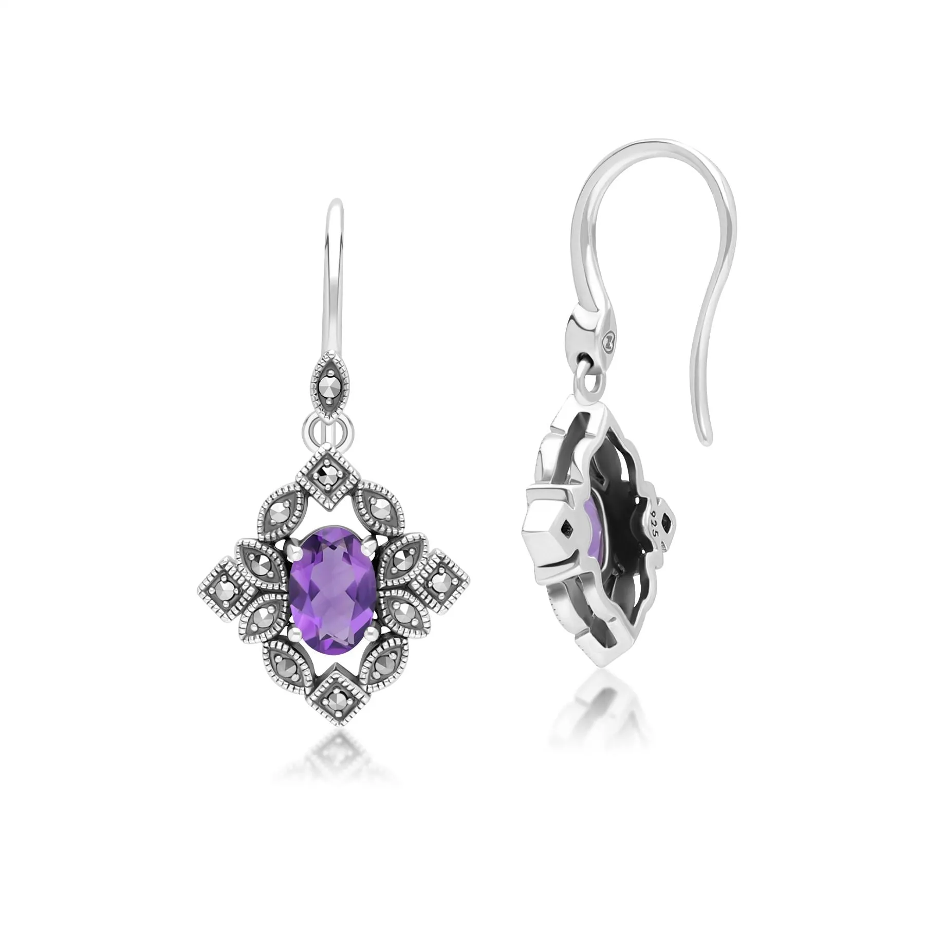 Art Deco Style Oval Amethyst & Marcasite Drop Earrings in Sterling Silver sold by Gemondo Jewellery product image thumbnail 3