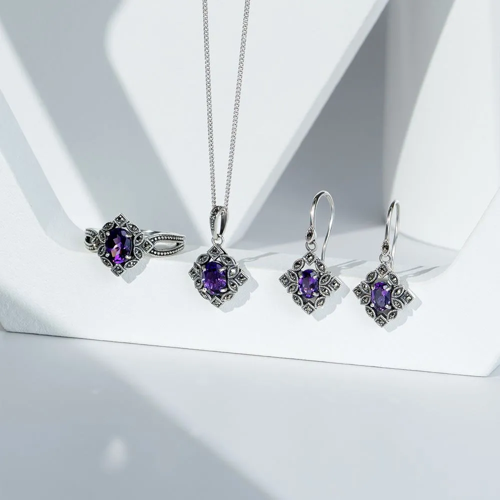 Art Deco Style Oval Amethyst & Marcasite Drop Earrings in Sterling Silver sold by Gemondo Jewellery product image thumbnail 5
