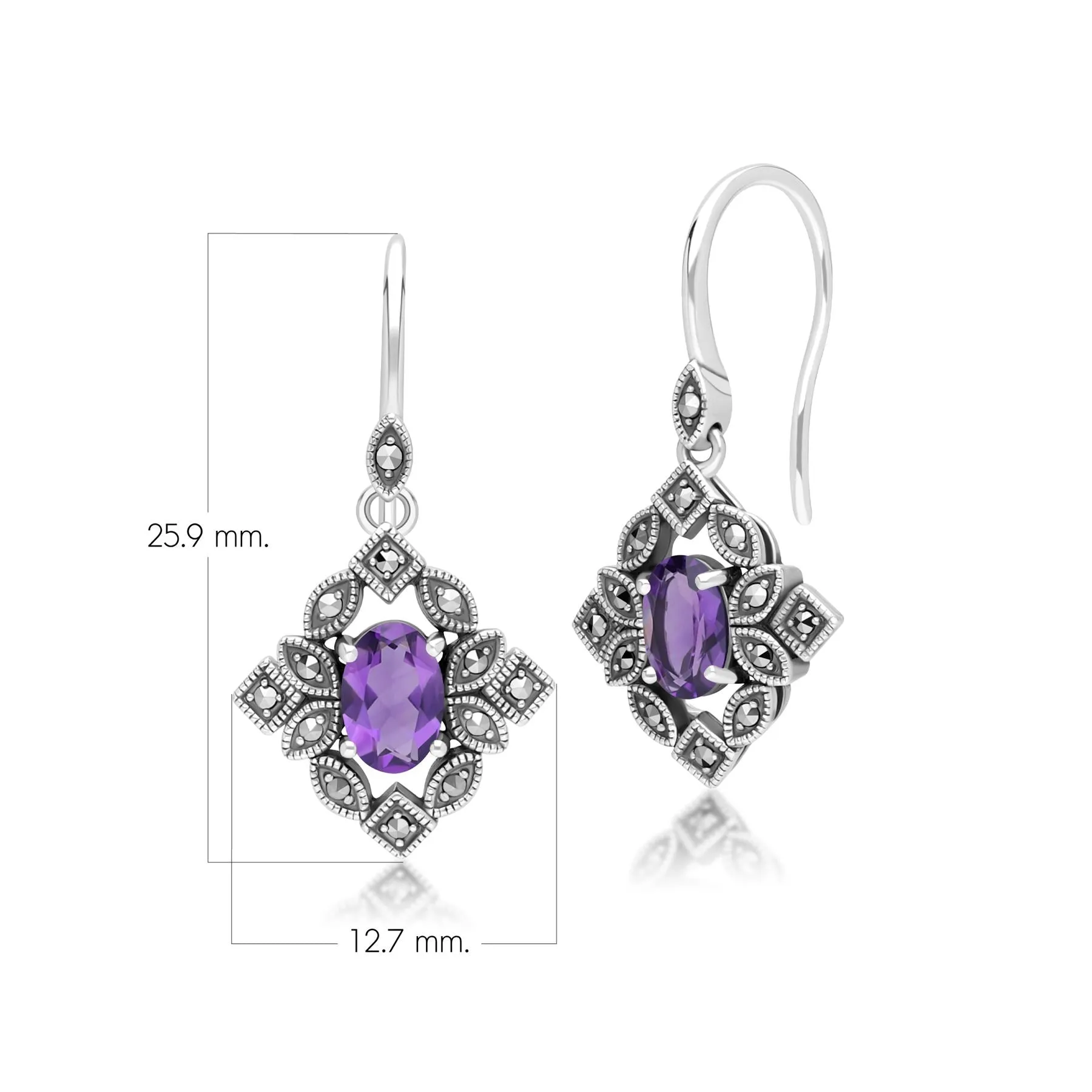 Art Deco Style Oval Amethyst & Marcasite Drop Earrings in Sterling Silver sold by Gemondo Jewellery product image thumbnail 4