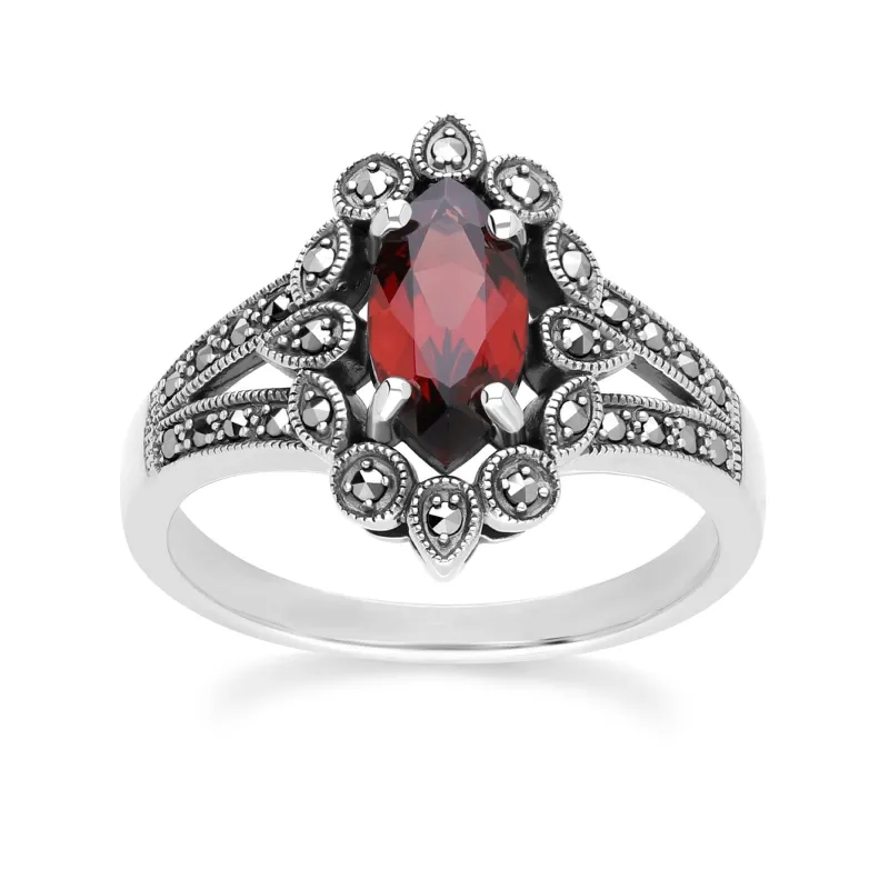 Art Deco Style Marquise Garnet & Marcasite Ring in Sterling Silver sold by Gemondo Jewellery
