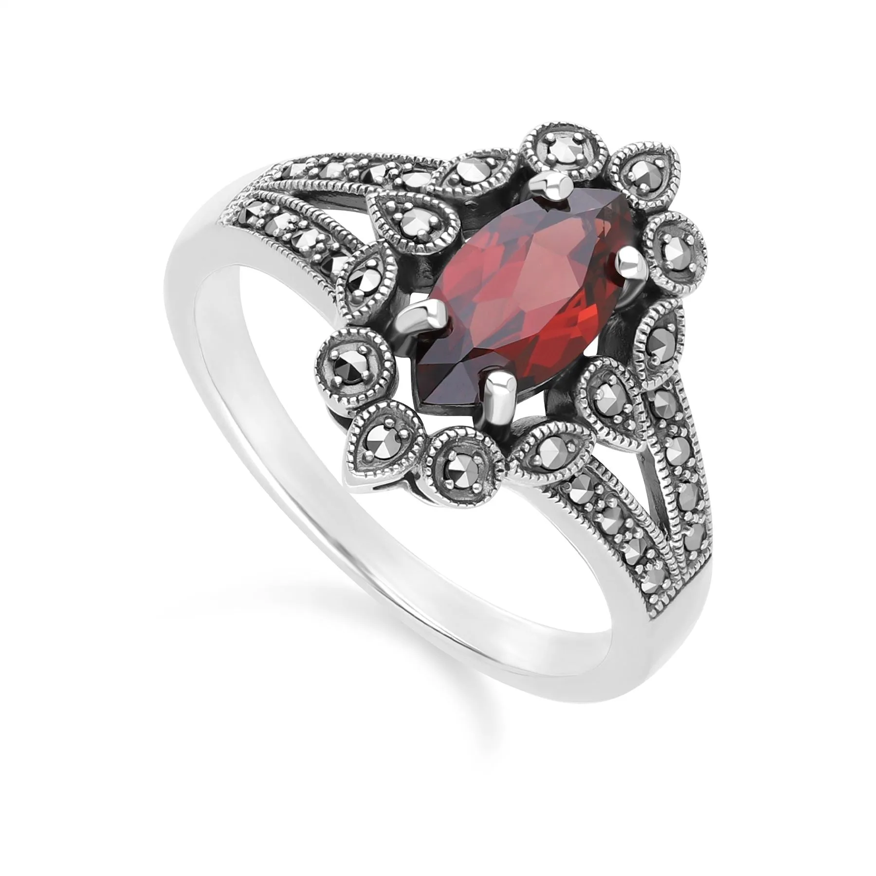 Art Deco Style Marquise Garnet & Marcasite Ring in Sterling Silver sold by Gemondo Jewellery product image thumbnail 3