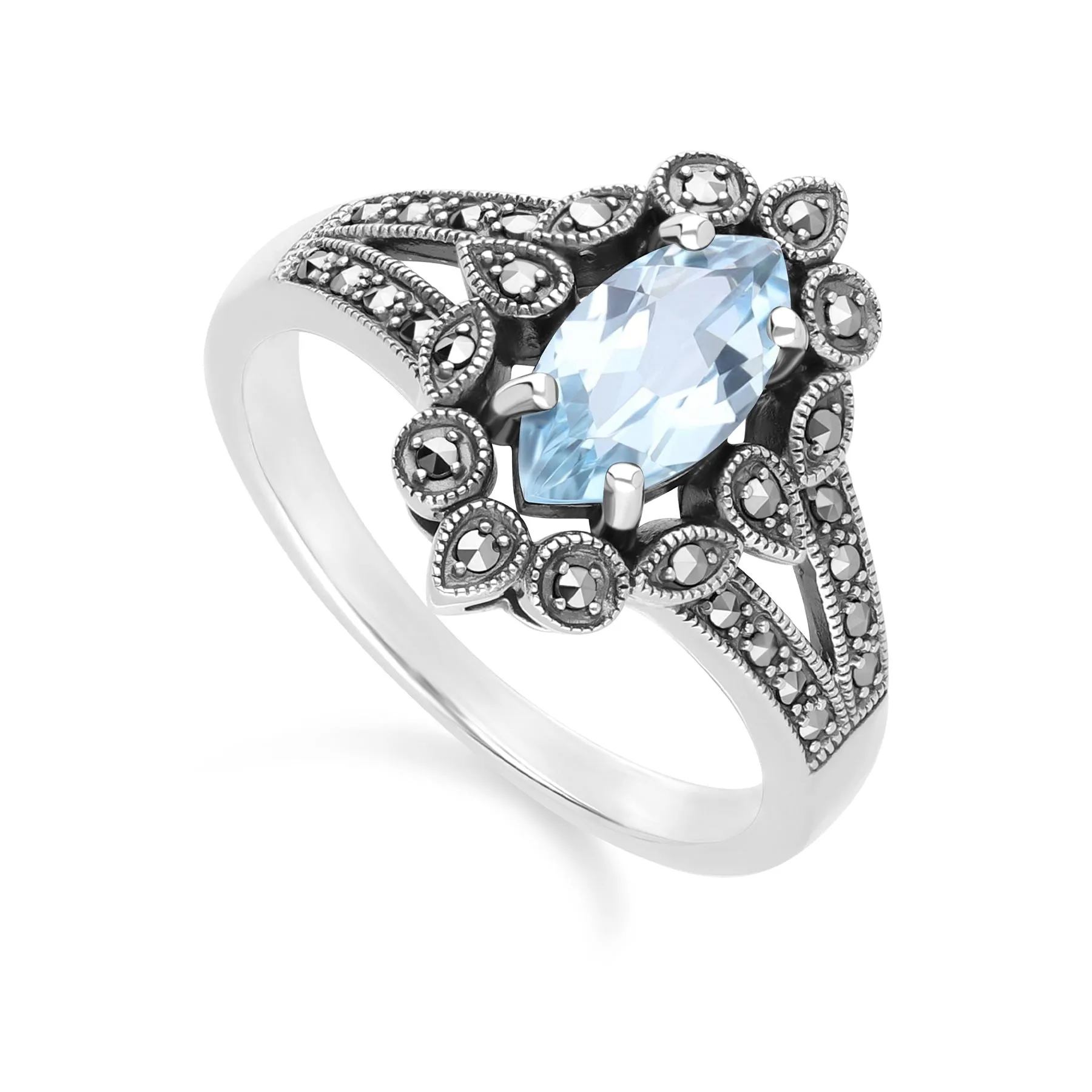 Art Deco Style Marquise Blue Topaz & Marcasite Ring in Sterling Silver sold by Gemondo Jewellery product image thumbnail 3