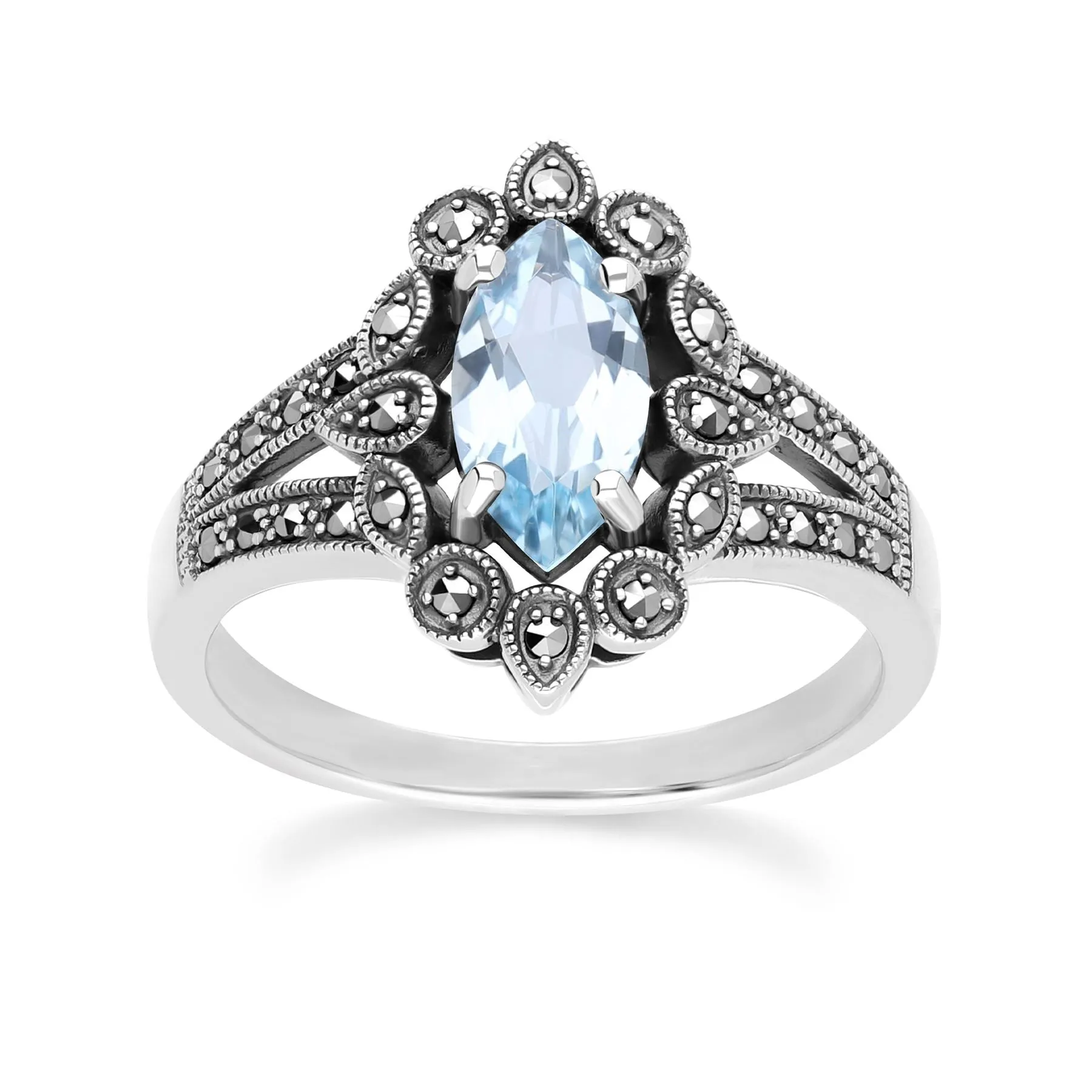 Art Deco Style Marquise Blue Topaz & Marcasite Ring in Sterling Silver sold by Gemondo Jewellery