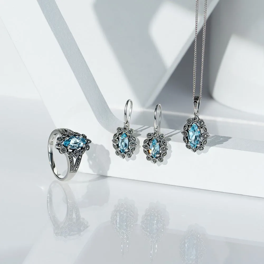 Art Deco Style Marquise Blue Topaz & Marcasite Ring in Sterling Silver sold by Gemondo Jewellery product image thumbnail 5
