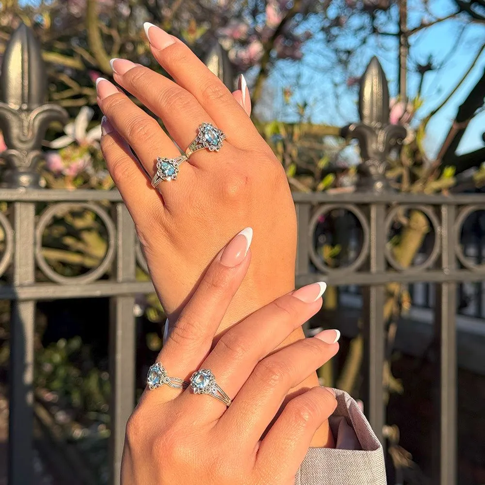 Art Deco Style Marquise Blue Topaz & Marcasite Ring in Sterling Silver sold by Gemondo Jewellery product image thumbnail 2