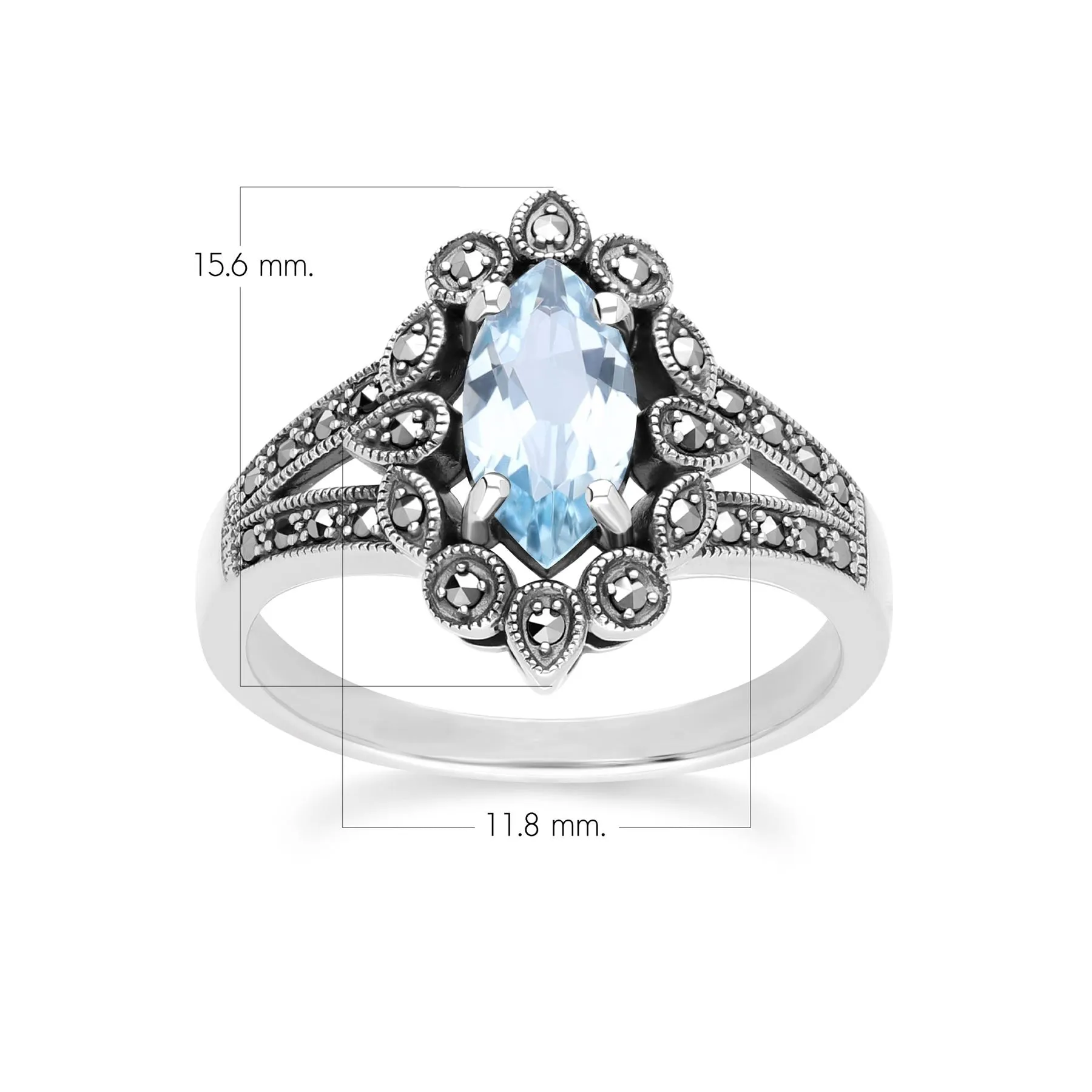 Art Deco Style Marquise Blue Topaz & Marcasite Ring in Sterling Silver sold by Gemondo Jewellery product image thumbnail 4