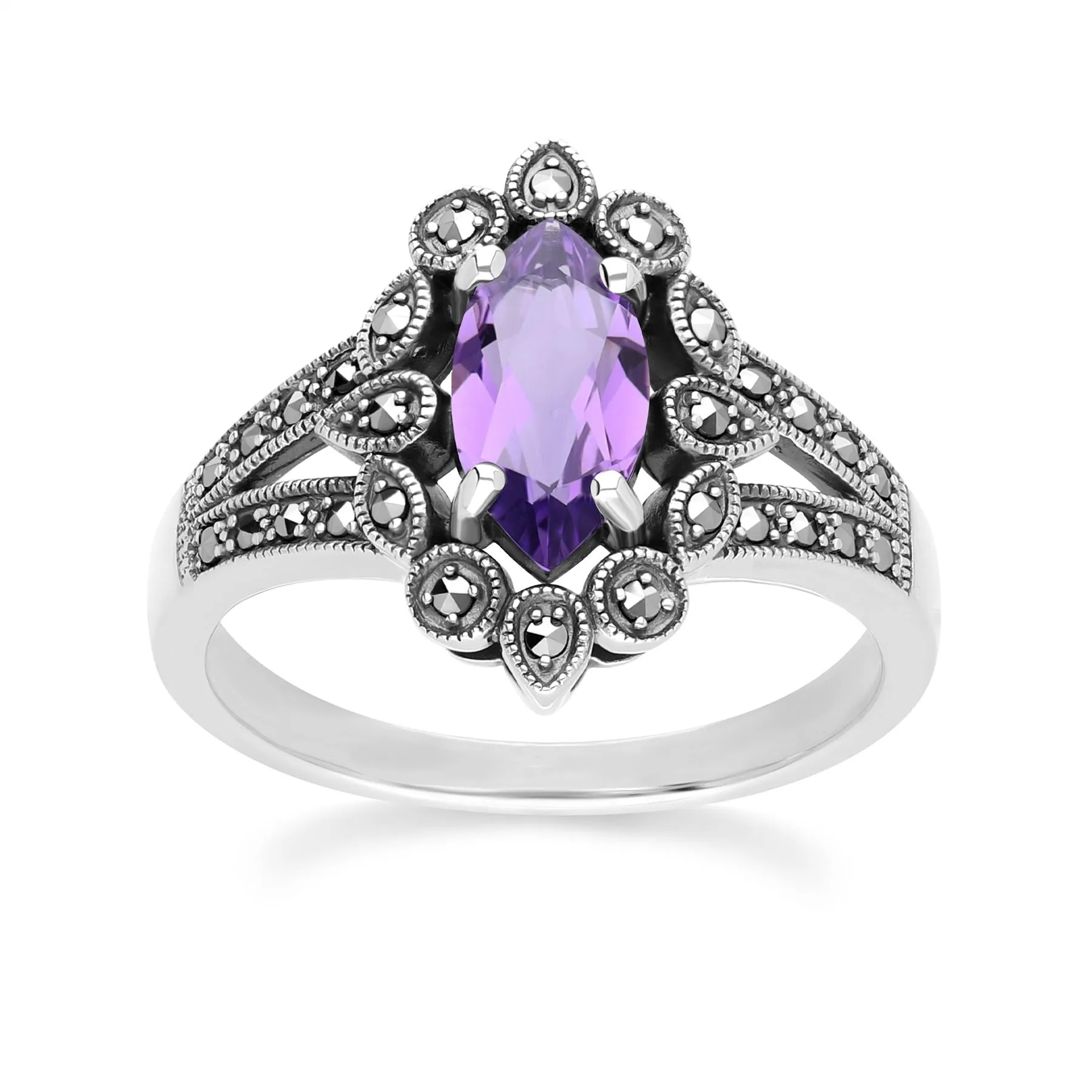 Art Deco Style Marquise Amethyst & Marcasite Ring in Sterling Silver sold by Gemondo Jewellery