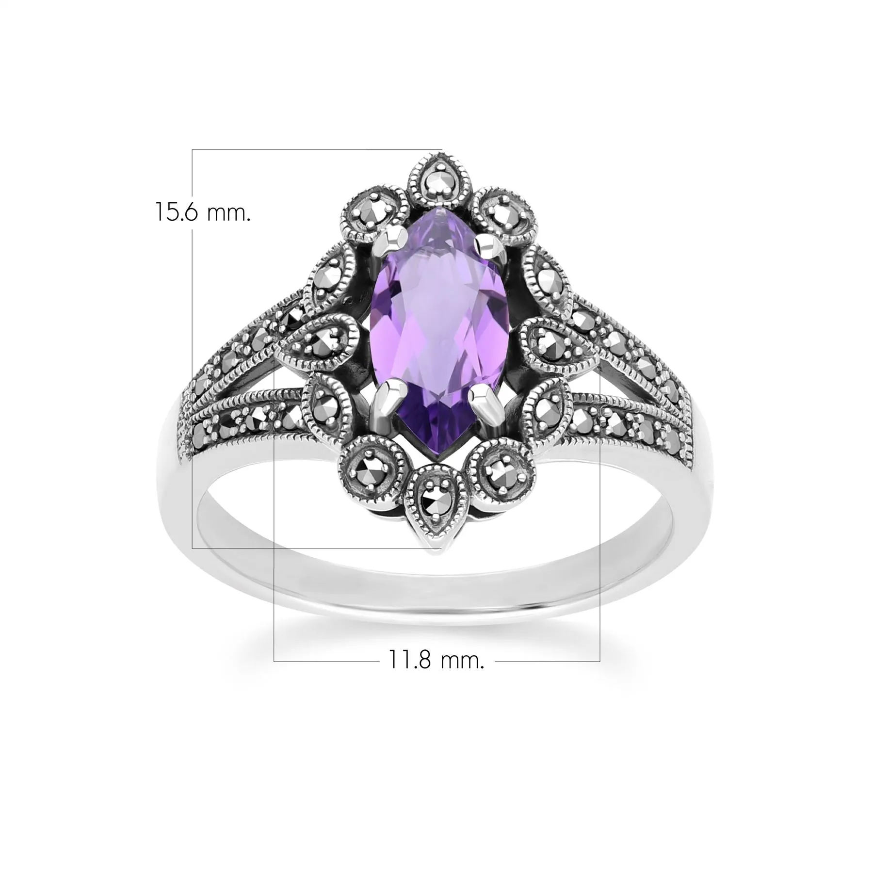 Art Deco Style Marquise Amethyst & Marcasite Ring in Sterling Silver sold by Gemondo Jewellery product image thumbnail 4
