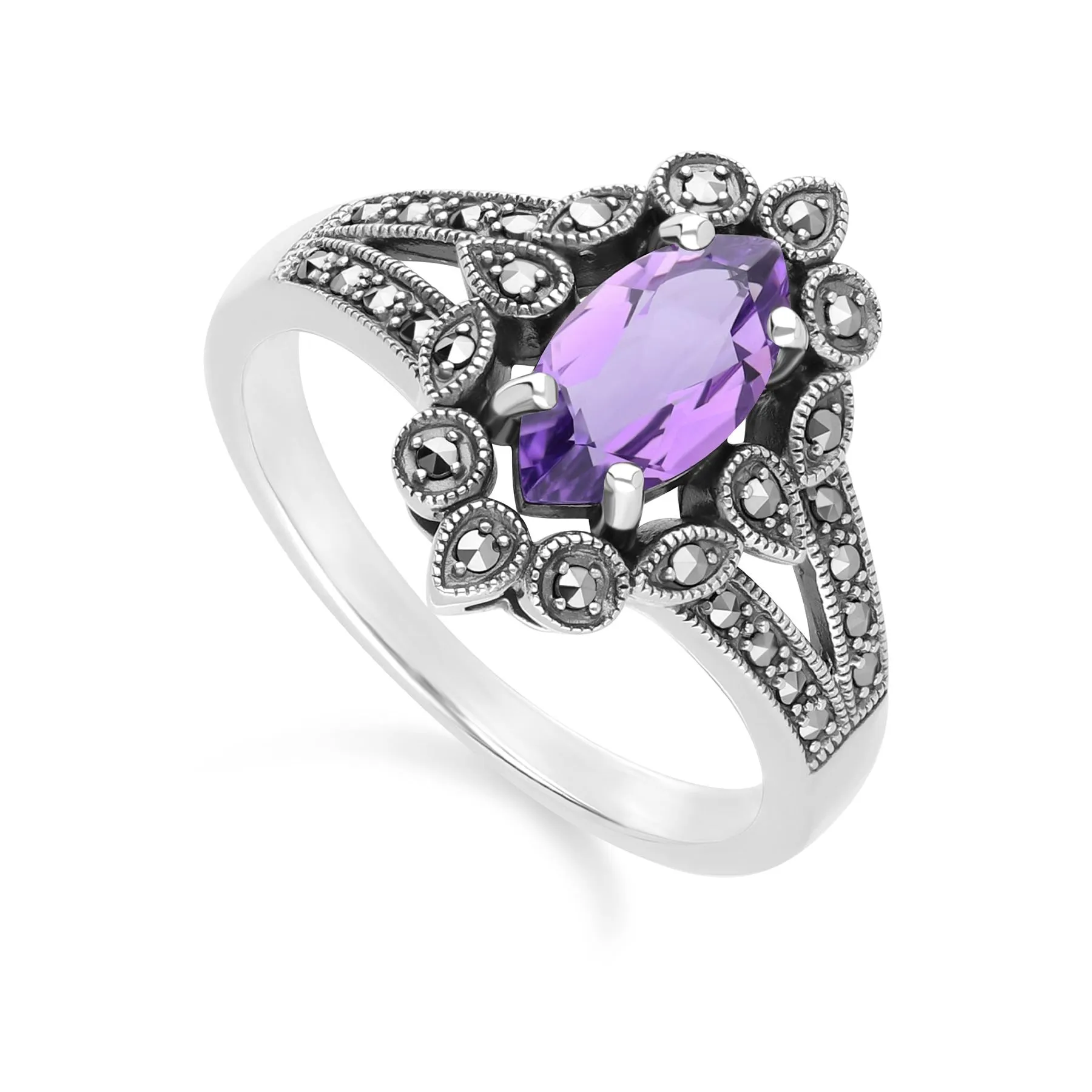Art Deco Style Marquise Amethyst & Marcasite Ring in Sterling Silver sold by Gemondo Jewellery product image thumbnail 3