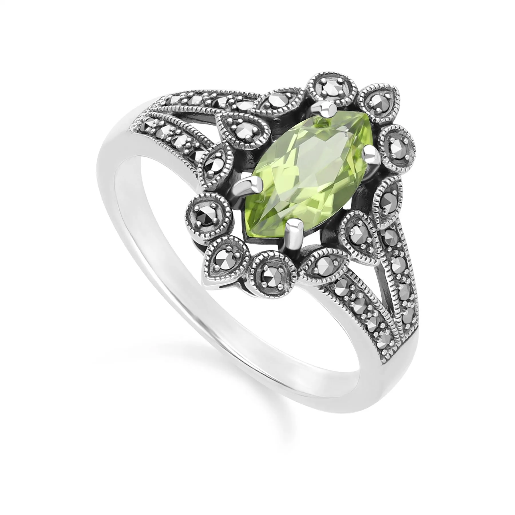 Art Deco Style Marquise Peridot & Marcasite Ring in Sterling Silver sold by Gemondo Jewellery product image thumbnail 3