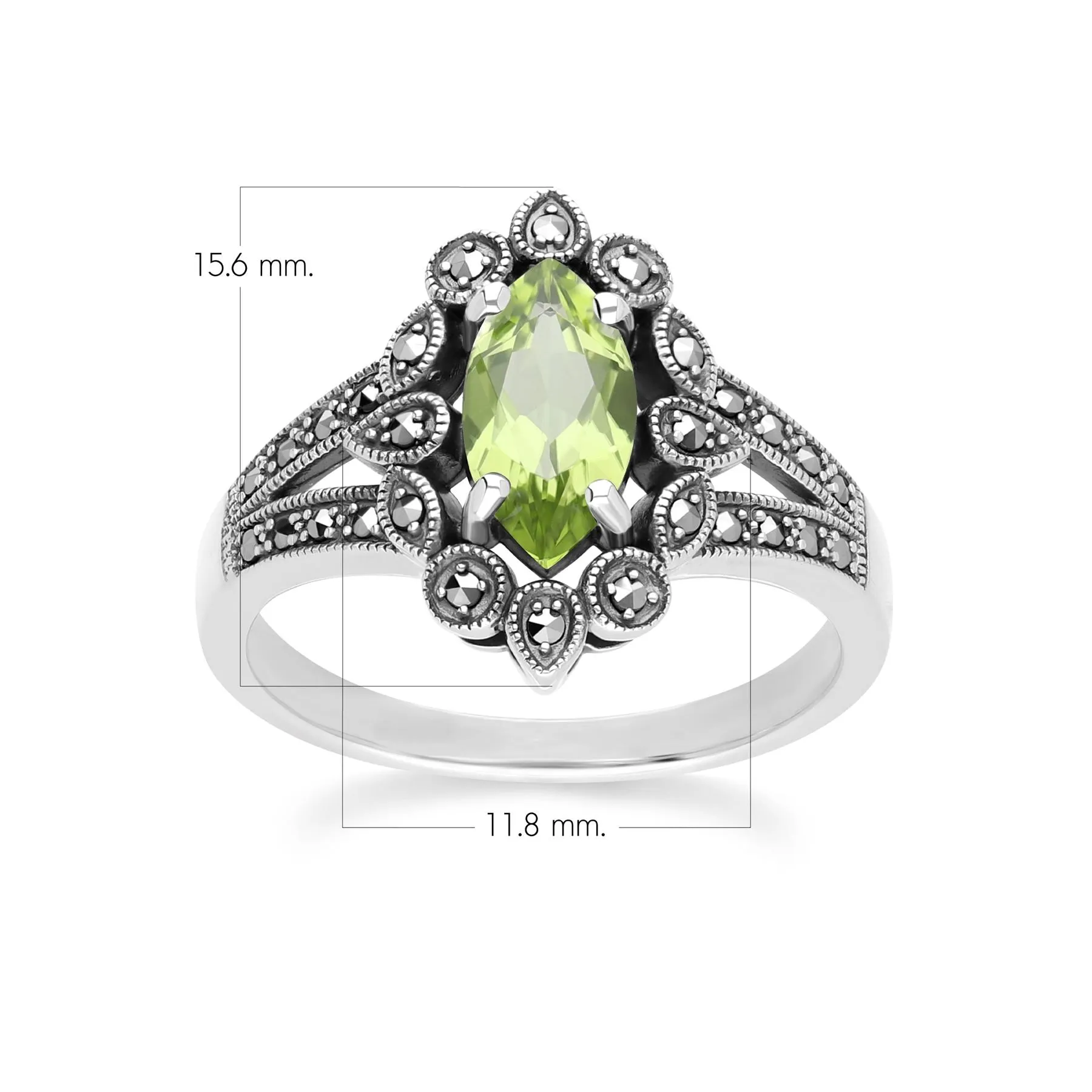 Art Deco Style Marquise Peridot & Marcasite Ring in Sterling Silver sold by Gemondo Jewellery product image thumbnail 4