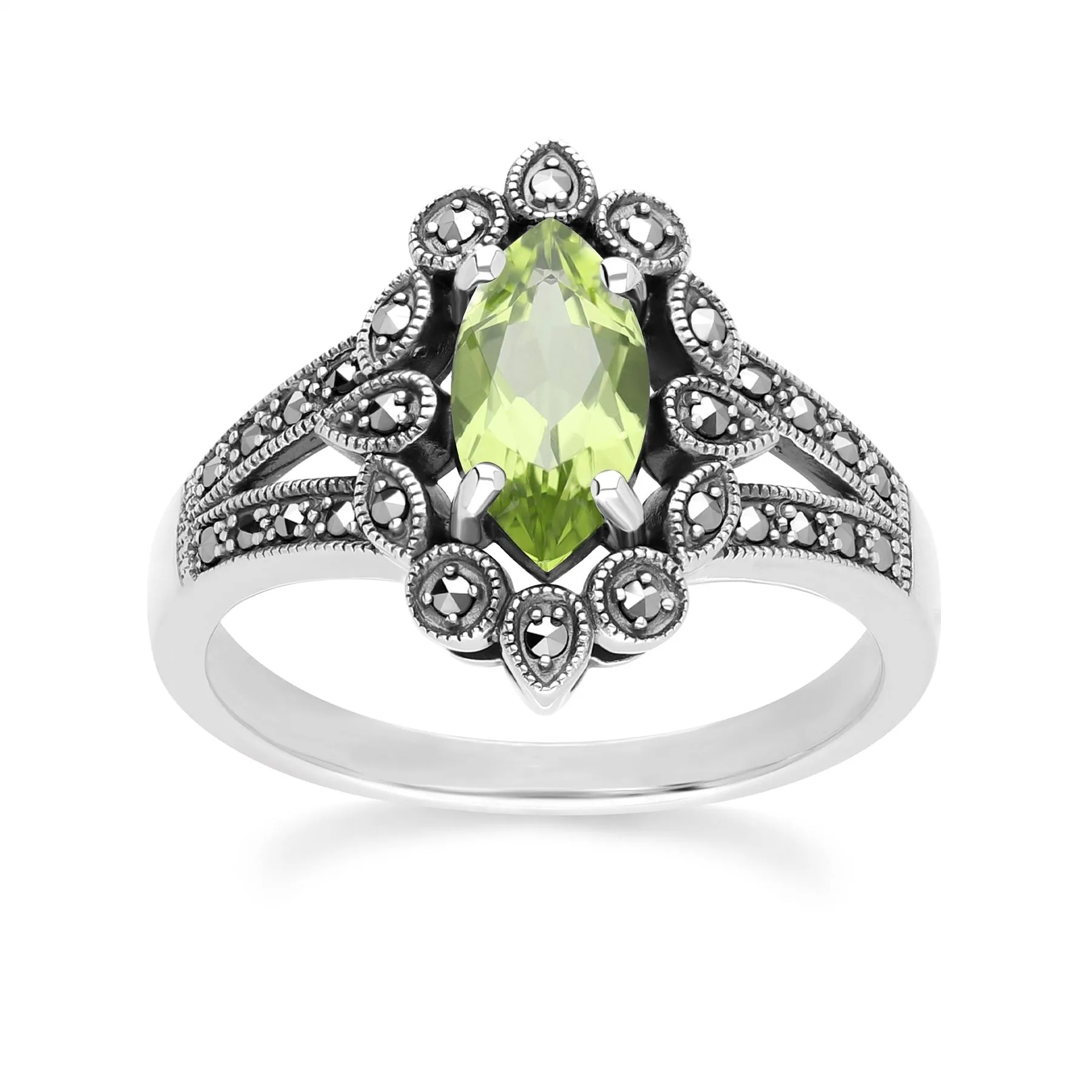 Art Deco Style Marquise Peridot & Marcasite Ring in Sterling Silver sold by Gemondo Jewellery