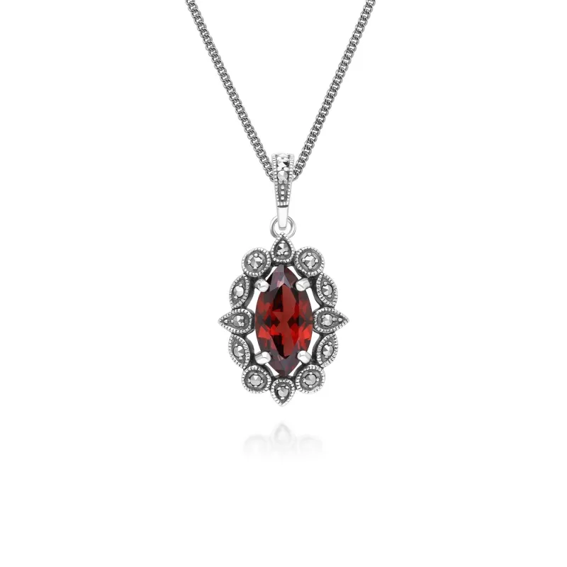 Art Deco Style Marquise Garnet & Marcasite Pendant Necklace in Sterling Silver sold by Gemondo Jewellery