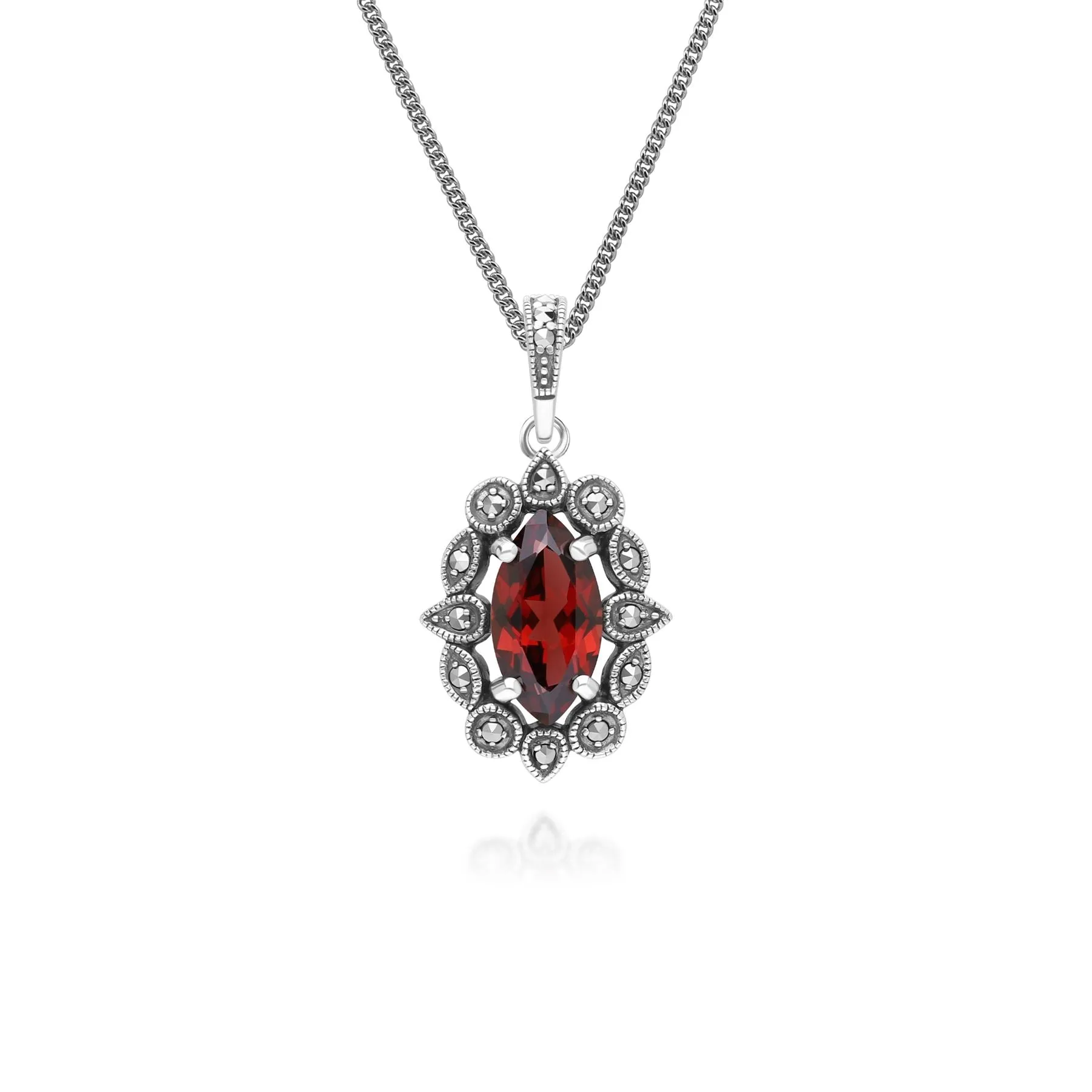 Art Deco Style Marquise Garnet & Marcasite Pendant Necklace in Sterling Silver sold by Gemondo Jewellery