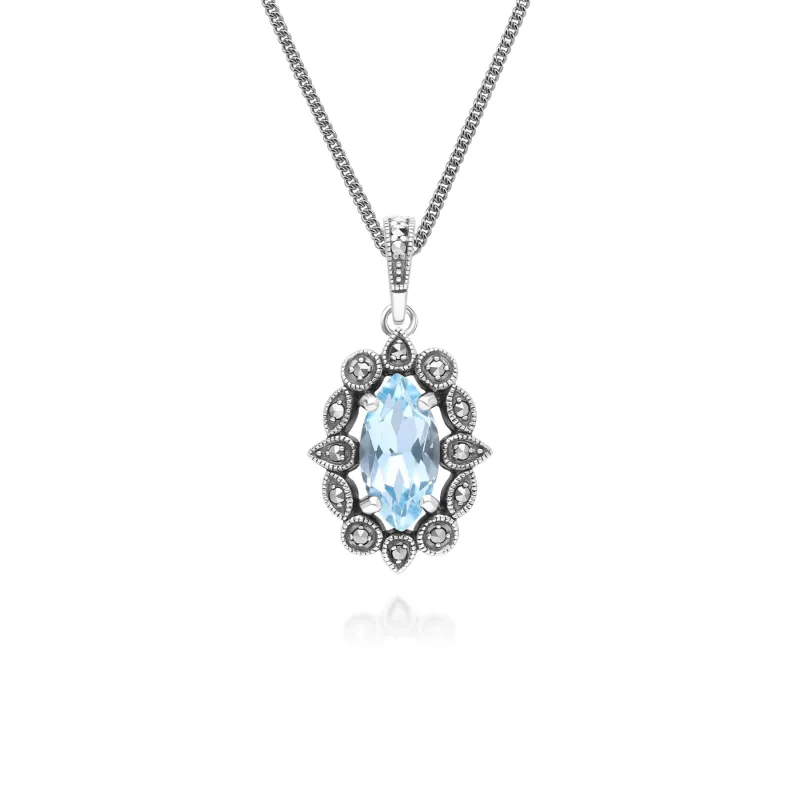 Art Deco Style Marquise Blue Topaz & Marcasite Pendant Necklace in Sterling Silver sold by Gemondo Jewellery