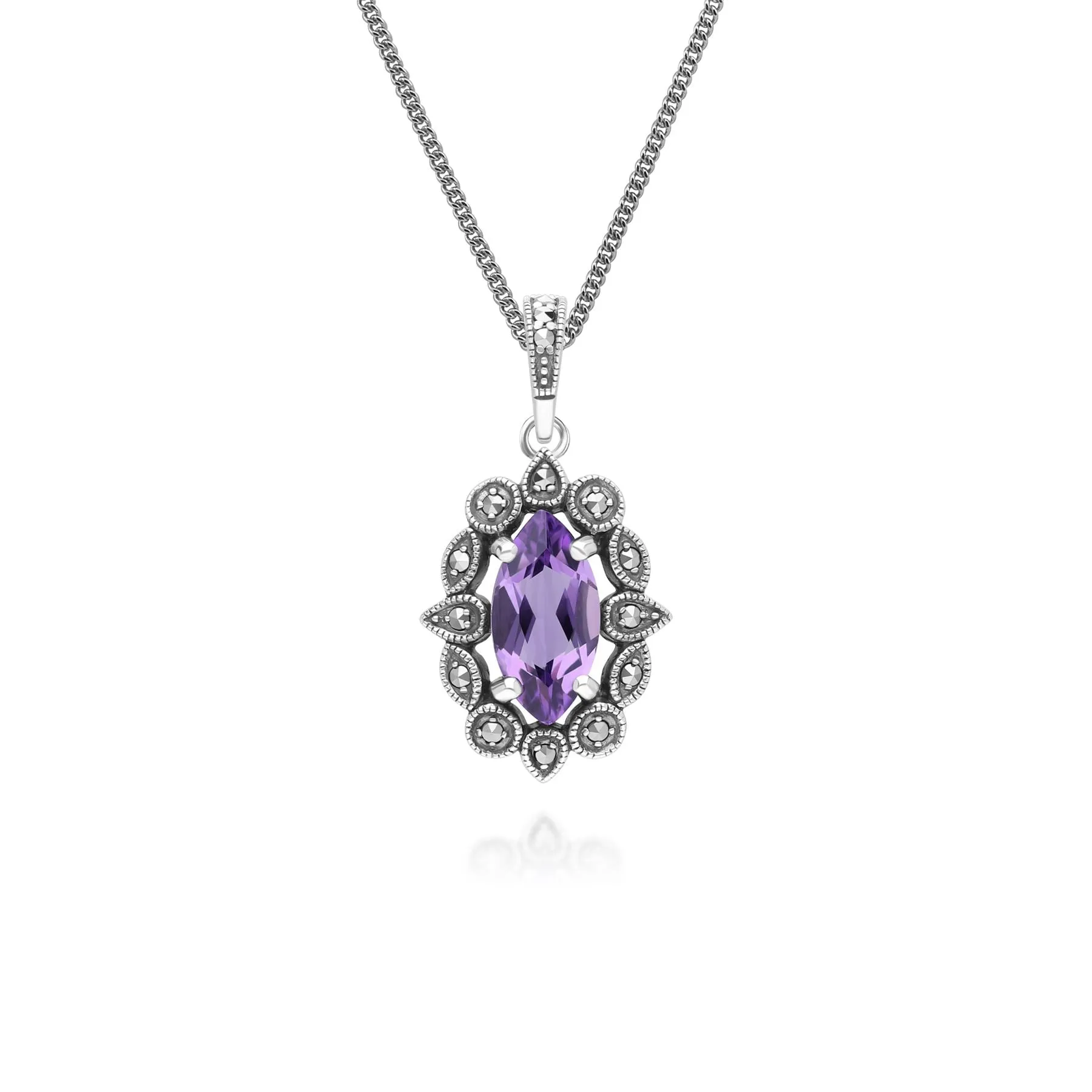 Art Deco Style Marquise Amethyst & Marcasite Pendant Necklace in Sterling Silver sold by Gemondo Jewellery