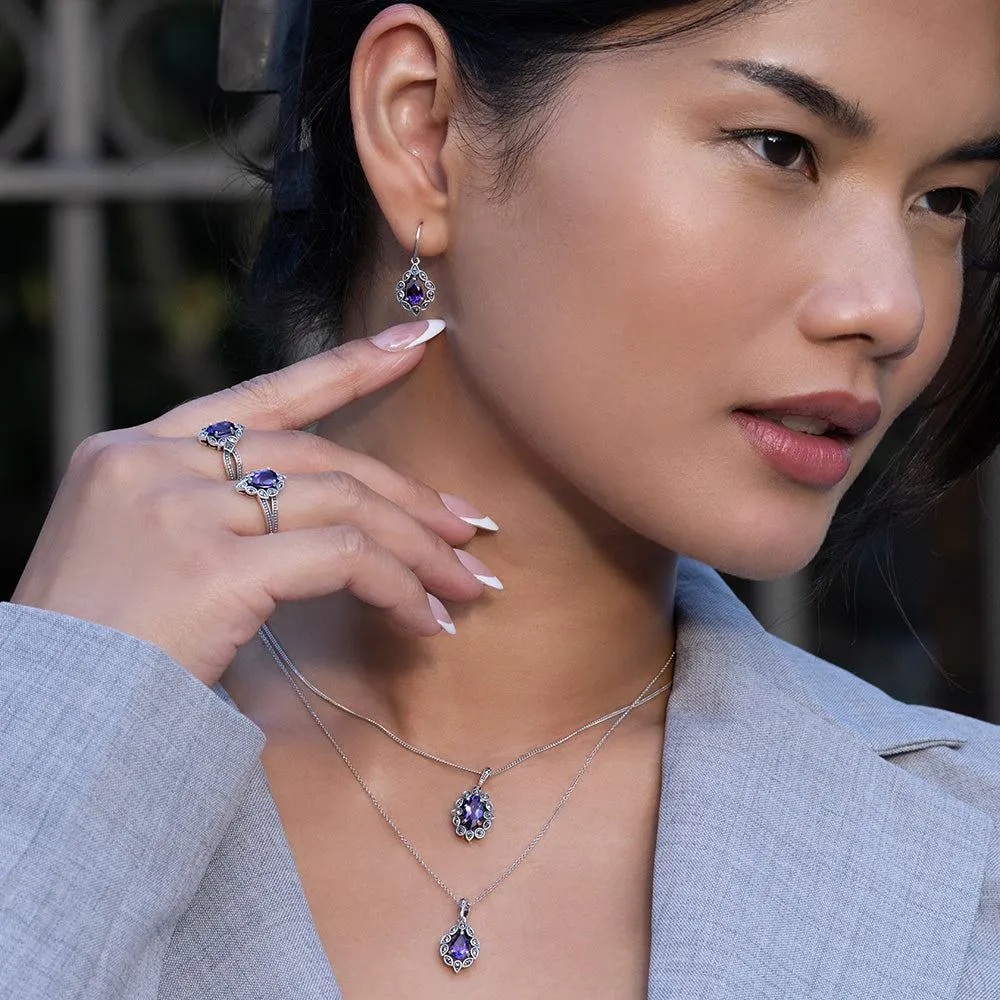 Art Deco Style Marquise Amethyst & Marcasite Pendant Necklace in Sterling Silver sold by Gemondo Jewellery product image thumbnail 2