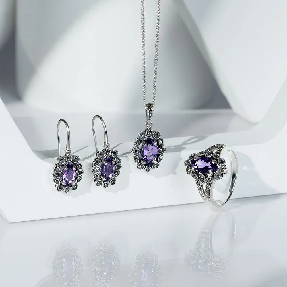 Art Deco Style Marquise Amethyst & Marcasite Pendant Necklace in Sterling Silver sold by Gemondo Jewellery product image thumbnail 4