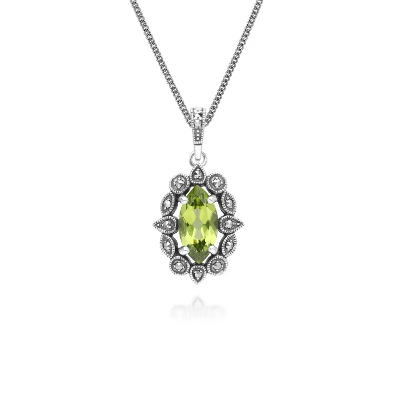 Art Deco Style Marquise Peridot & Marcasite Pendant Necklace in Sterling Silver sold by Gemondo Jewellery