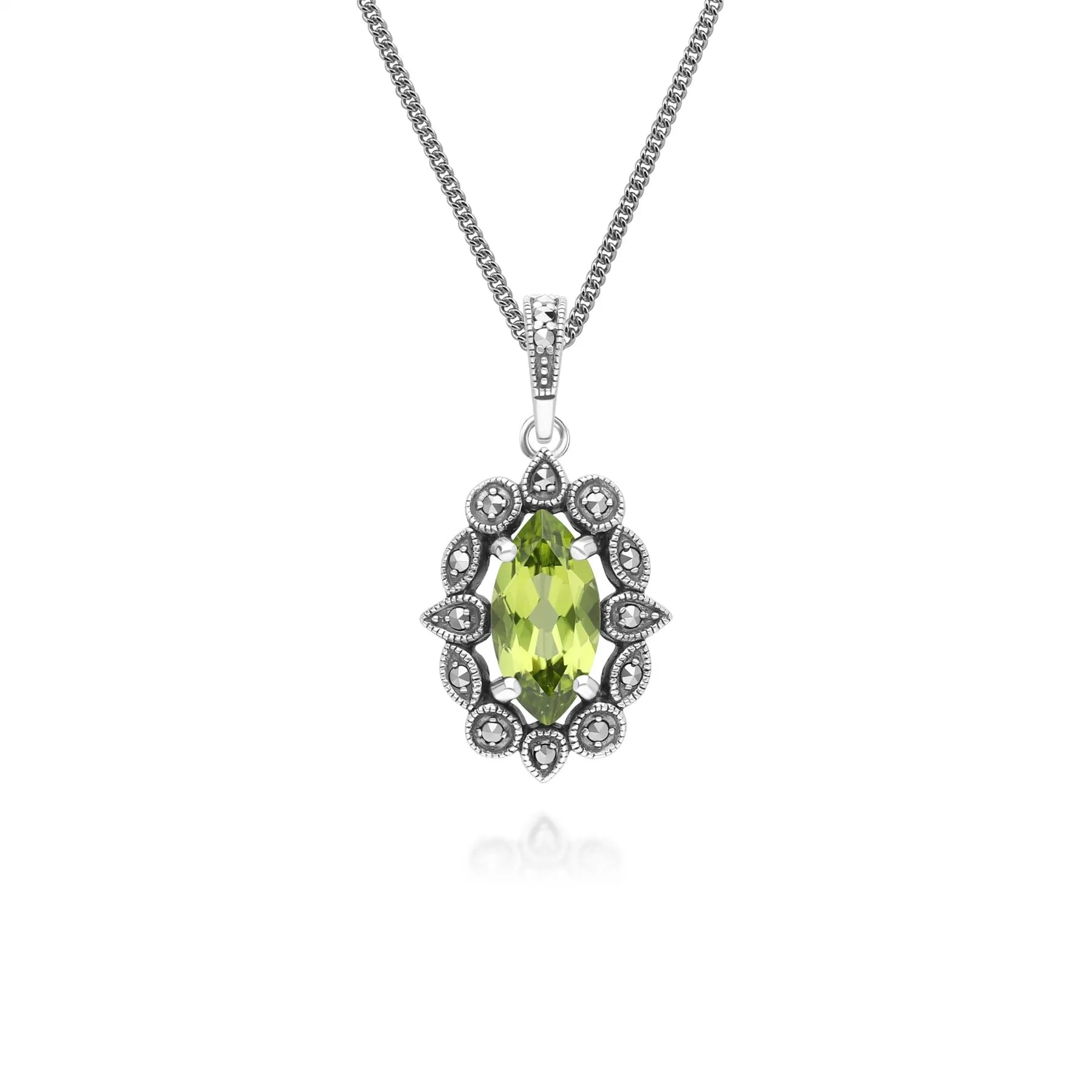 Art Deco Style Marquise Peridot & Marcasite Pendant Necklace in Sterling Silver sold by Gemondo Jewellery