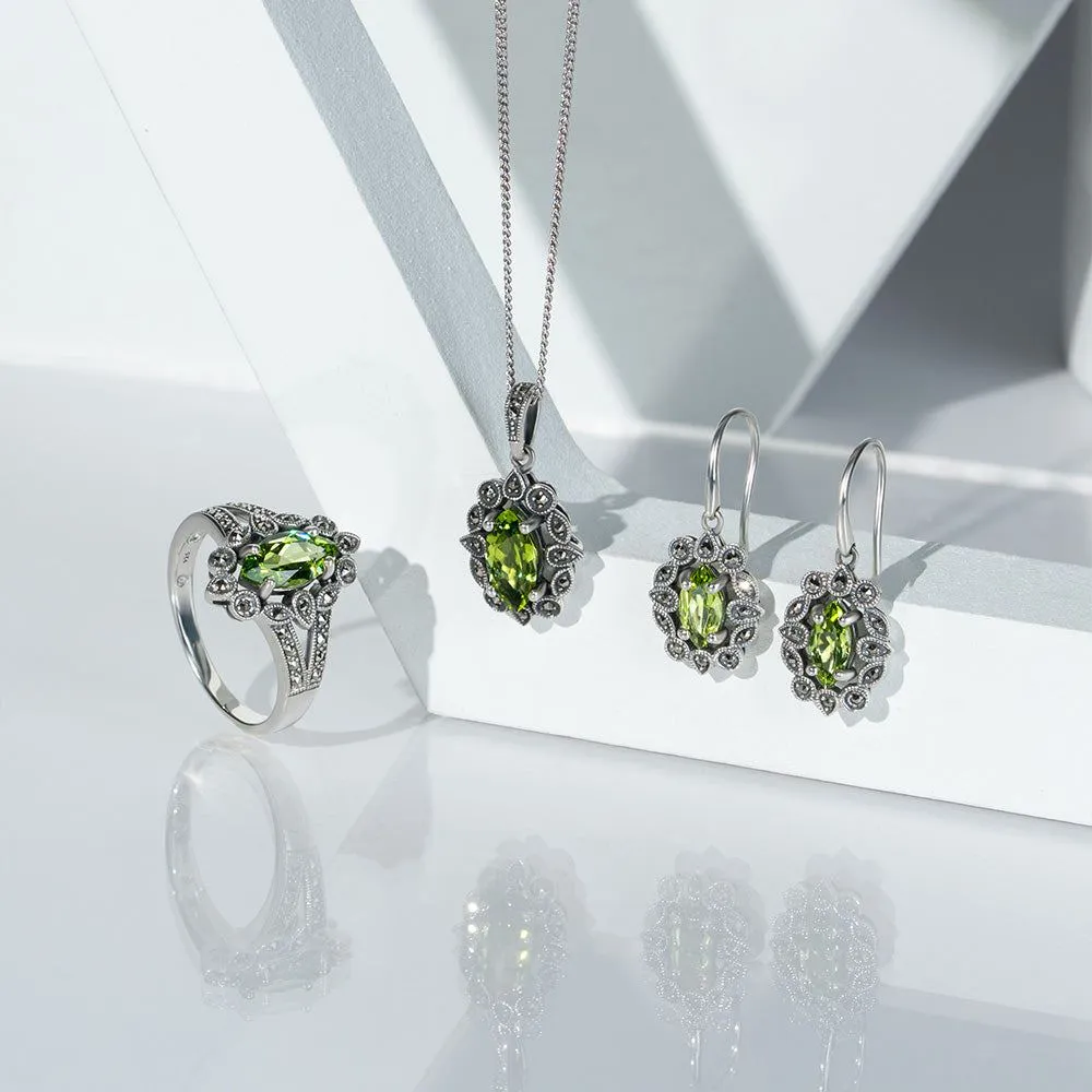 Art Deco Style Marquise Peridot & Marcasite Pendant Necklace in Sterling Silver sold by Gemondo Jewellery product image thumbnail 4