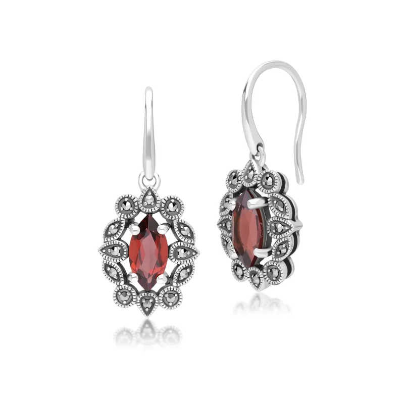 Art Deco Style Marquise Garnet & Marcasite Drop Earrings in Sterling Silver sold by Gemondo Jewellery